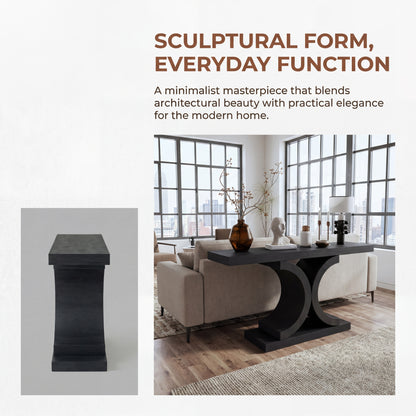 60" Black Console Table, Modern Narrow Sofa Table with Sculptural Curved Base, MDF with Real Wood Veneer Entryway Table, for Living Room, Hallway, Foyer, Black Oak image 8