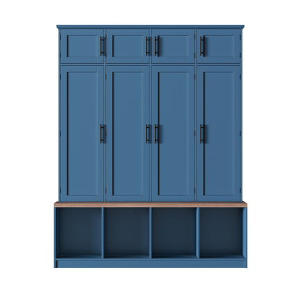 Farmhouse Hall Tree with 4 Hidden Hanging Hooks, Versatile Walnut Seating Bench with 8 Doors, Entryway Shoe Cabinet with Open Compartment for Living Room, Blue (OLD SKU:N721S000059C) image 8