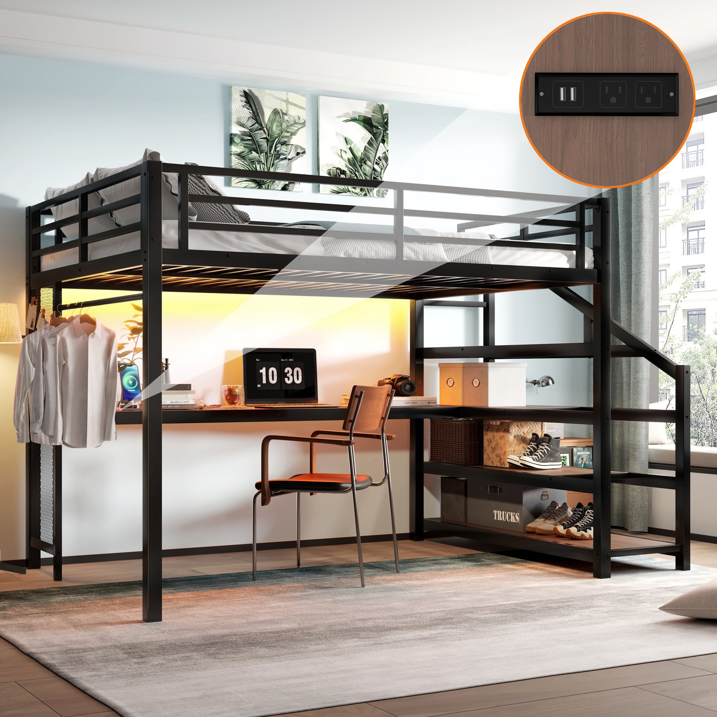 Queen Loft Bed with Desk and Storage Stairs, Metal Loft Beds with LED Lights, USB Ports, Multifunctional Iron Nets, No Spring Box Needed and Noise-free, Black image 1