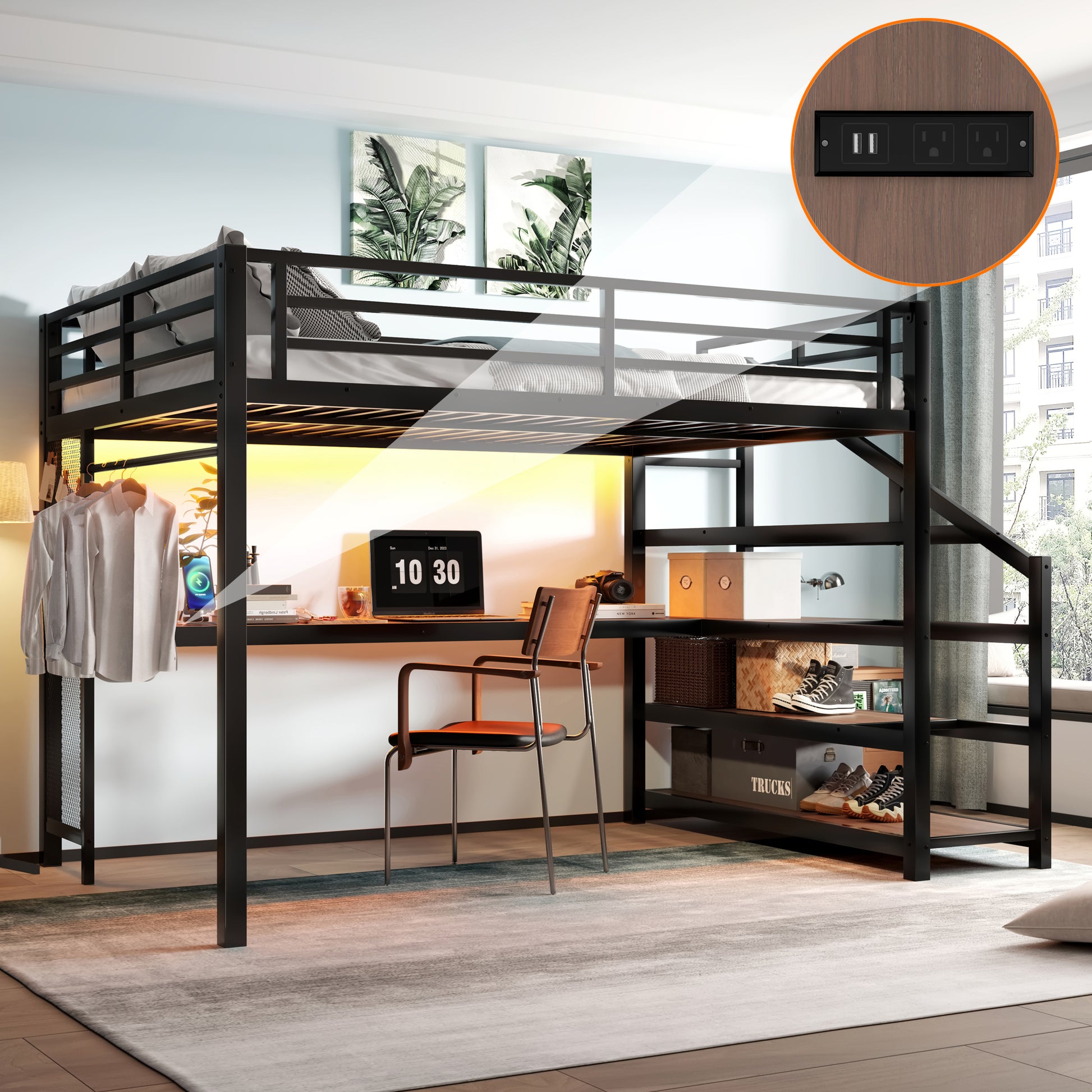 Queen Loft Bed with Desk and Storage Stairs, Metal Loft Beds with LED Lights, USB Ports, Multifunctional Iron Nets, No Spring Box Needed and Noise-free, Black image 1