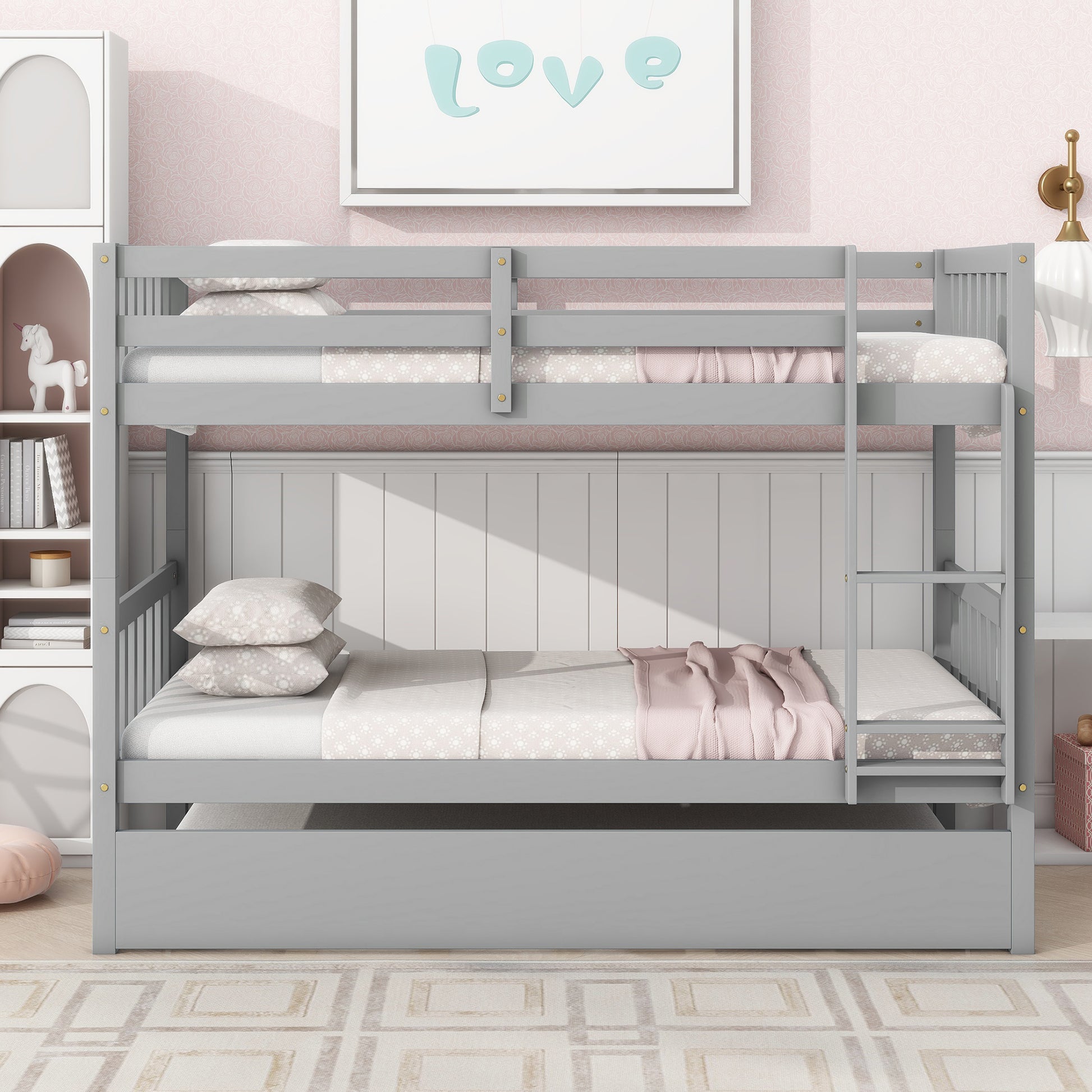 Twin Over Twin Rubber Wood Bunk Bed with Trundle, Convertible into Twin Size Beds, Twin Size Bunk Bed with Ladder and Safety Guardrails,Grey image 10