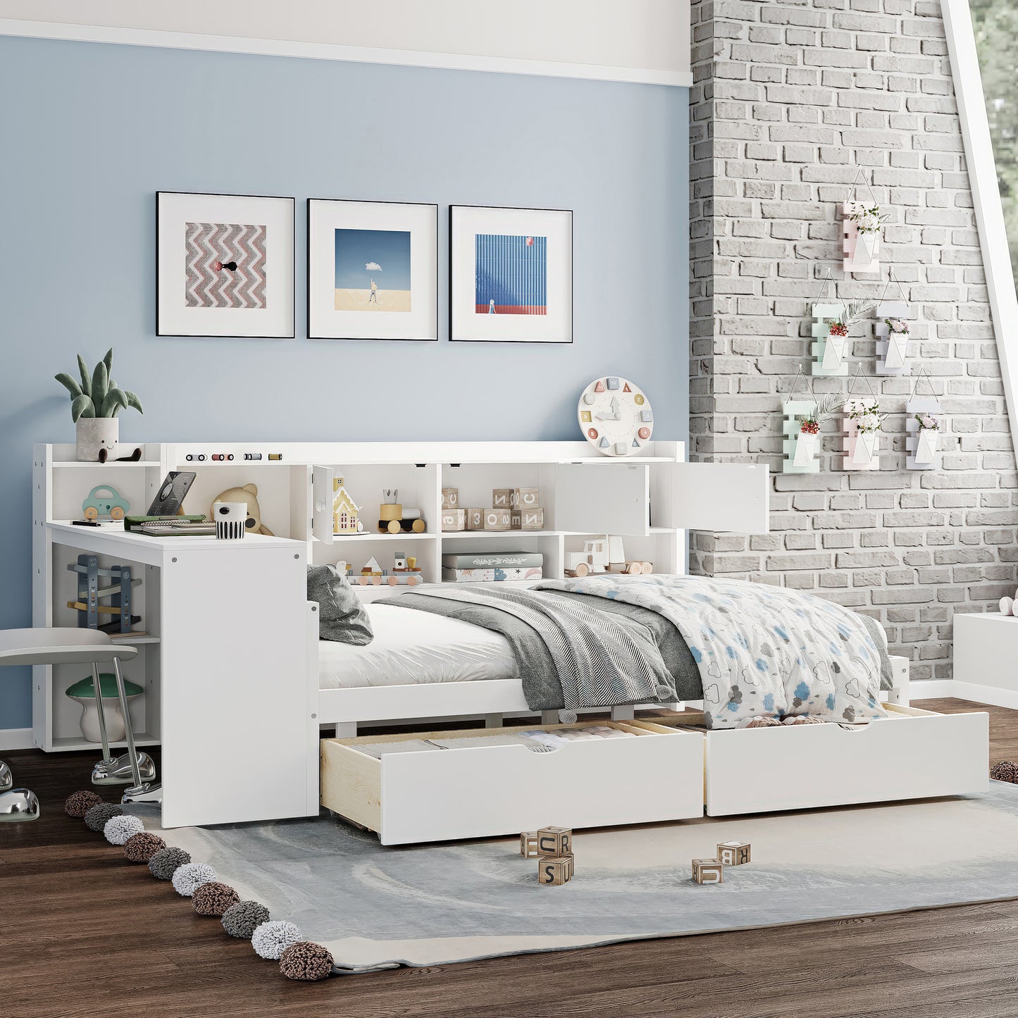 Full Size Wooden L-Shape Daybed with Seven Storage Cabinets and Two Storage Drawers, Multi-functional Bed with Study Desk and Built-in Bookshelf, White(old SKU: N733S247077K) image 2