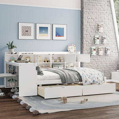 Full Size Wooden L-Shape Daybed with Seven Storage Cabinets and Two Storage Drawers, Multi-functional Bed with Study Desk and Built-in Bookshelf, White(old SKU: N733S247077K) image 2