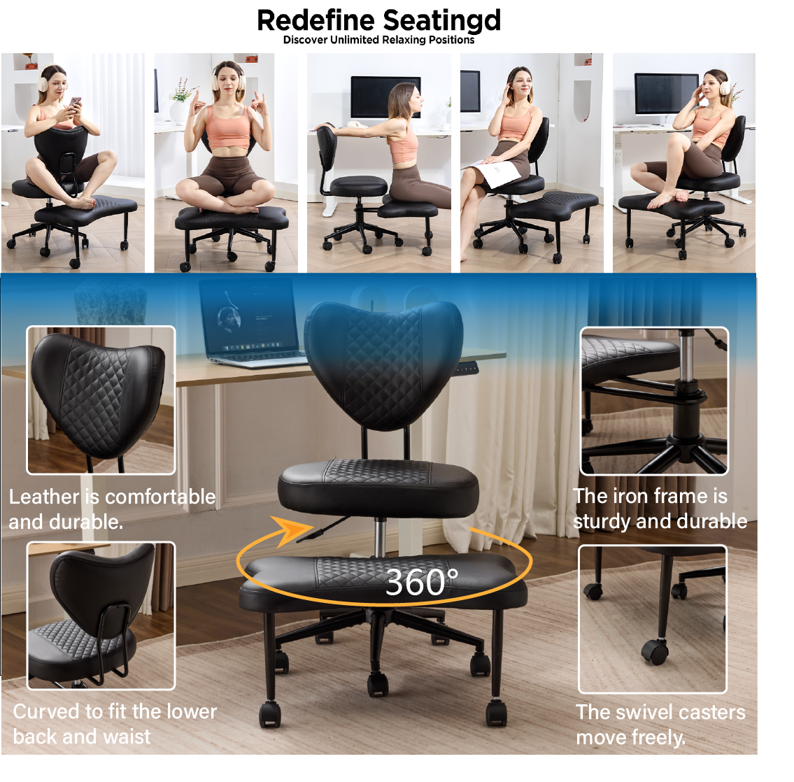 Meditation chair, an ergonomic cross-legged seating chair with lumbar support and a height-adjustable seat cushion, ideal for people engaged in high-intensity office work. Black image 9