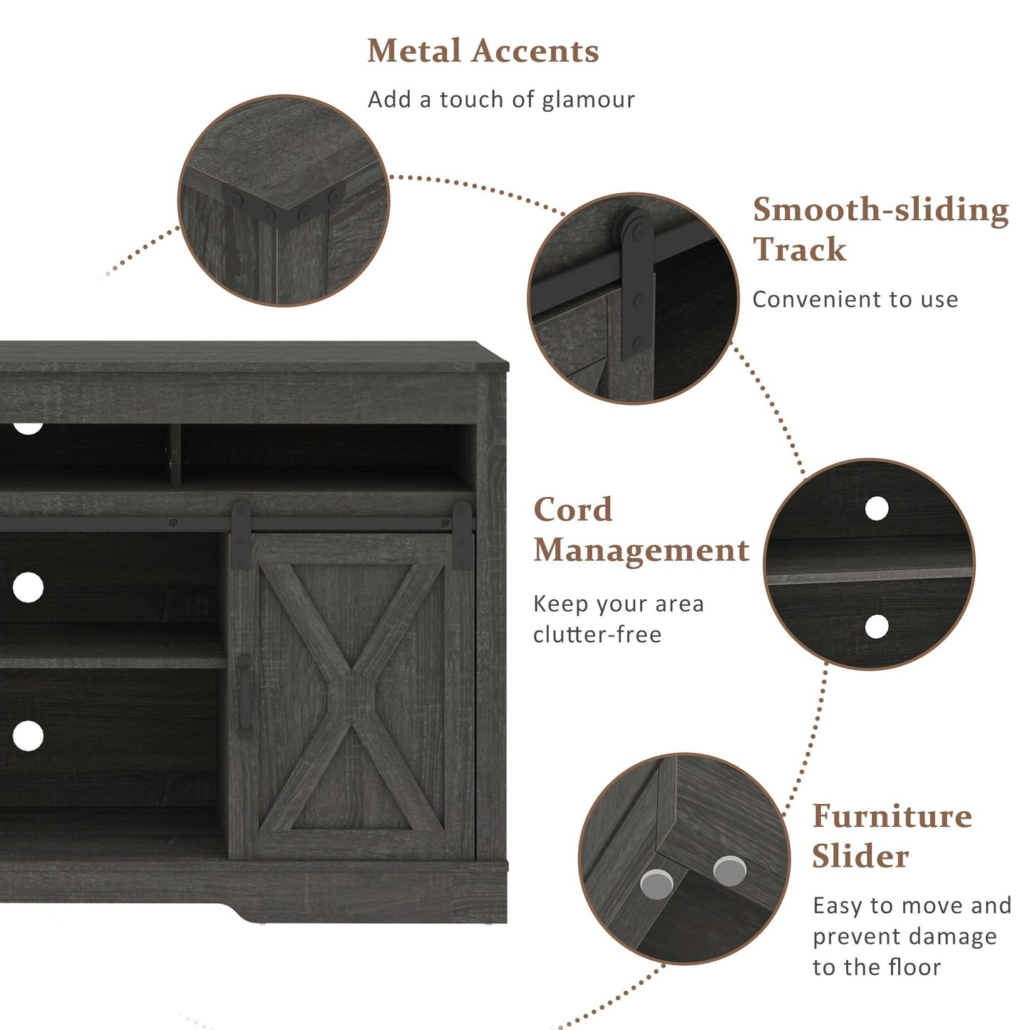 Farmhouse TV Stand with Sliding Barn Door for TVs up to 65+ Inch, 34" Tall Entertainment Center, Wood Media Console Storage Cabinet for Bedroom, Living Room, Dark Grey image 7