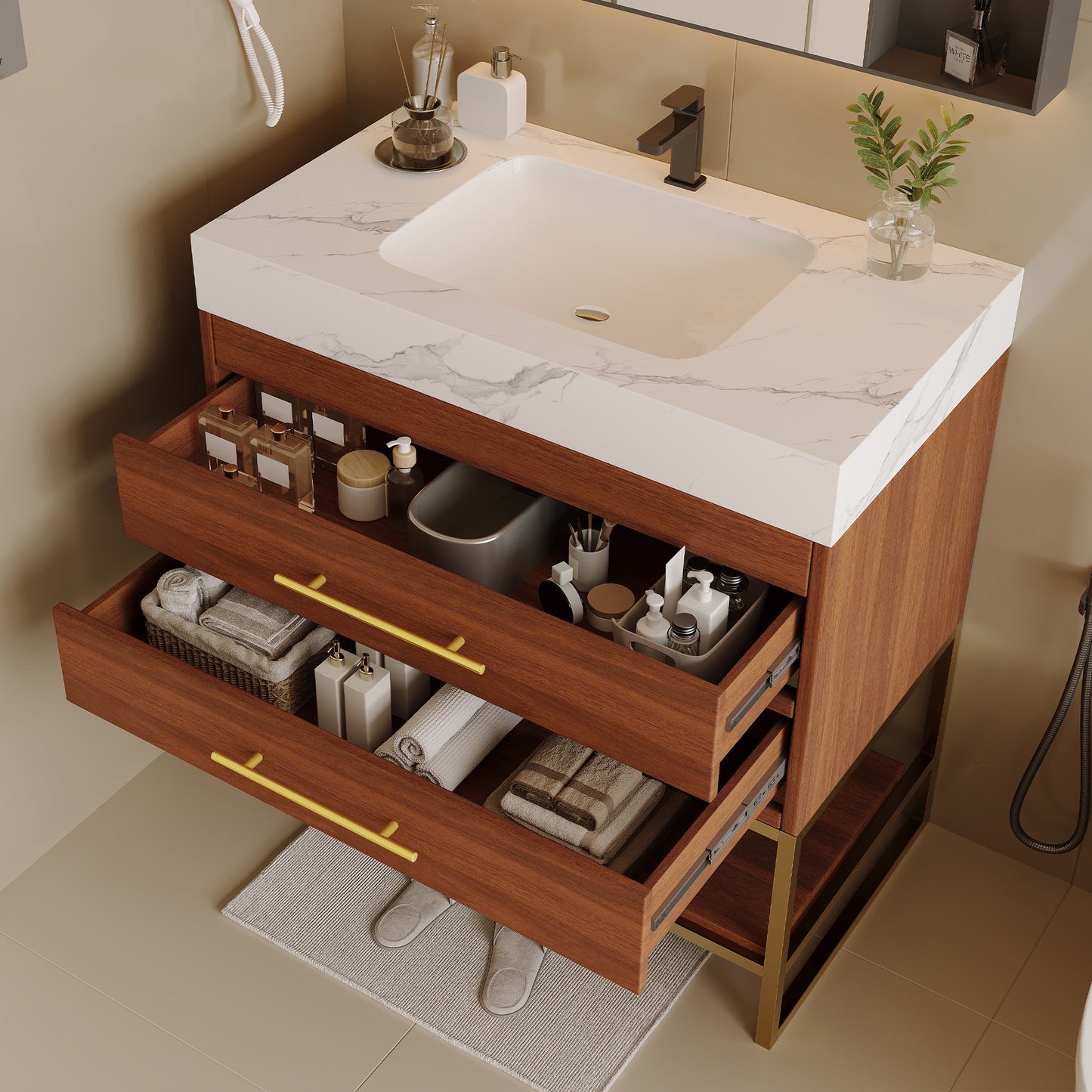 29.9" Modern Free-standing Bathroom Vanity with Sintered Stone Top Ceramic Undermount Sink & Bottom Shelf for Small Bathrooms, Apartment image 6