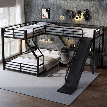 L-Shaped Twin XL over Queen Bunk Bed with Twin Size Loft Bed, Metal Triple Bunk Bed with Slide and USB Ports, Space-saving and Noise-free Design, Black image 2