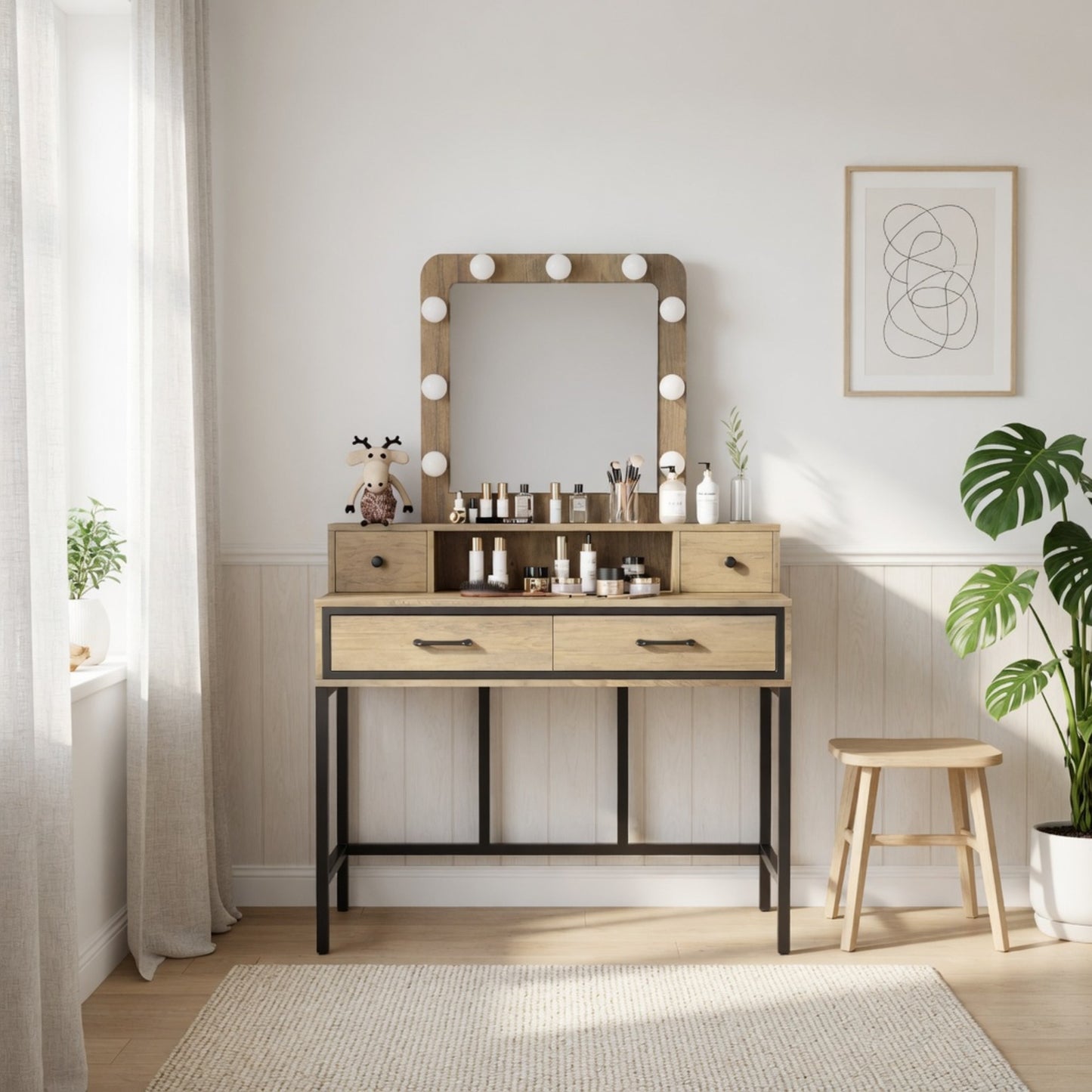39.37" Brown Vanity Desk with 3-Color Lighted Mirror - Makeup Table with 4 Drawers image 9