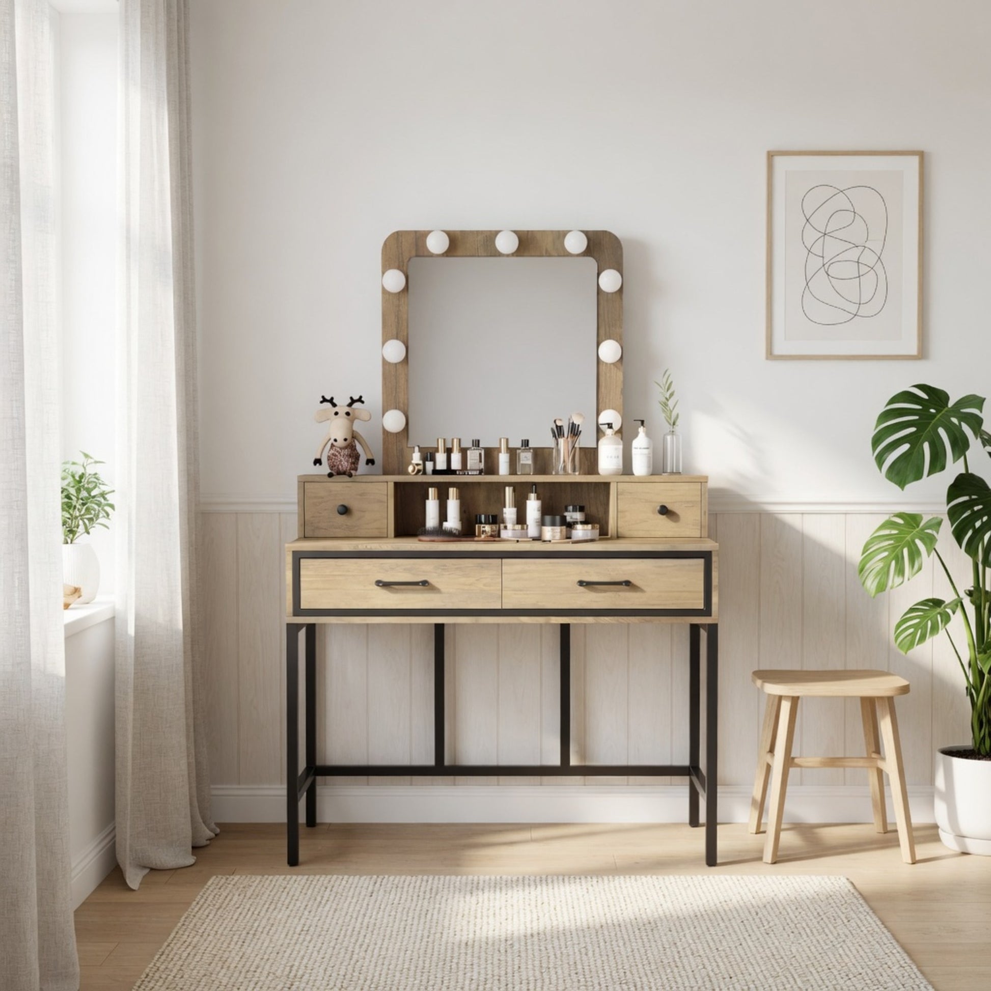 39.37" Brown Vanity Desk with 3-Color Lighted Mirror - Makeup Table with 4 Drawers image 9