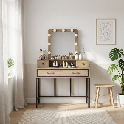 39.37" Brown Vanity Desk with 3-Color Lighted Mirror - Makeup Table with 4 Drawers image 9