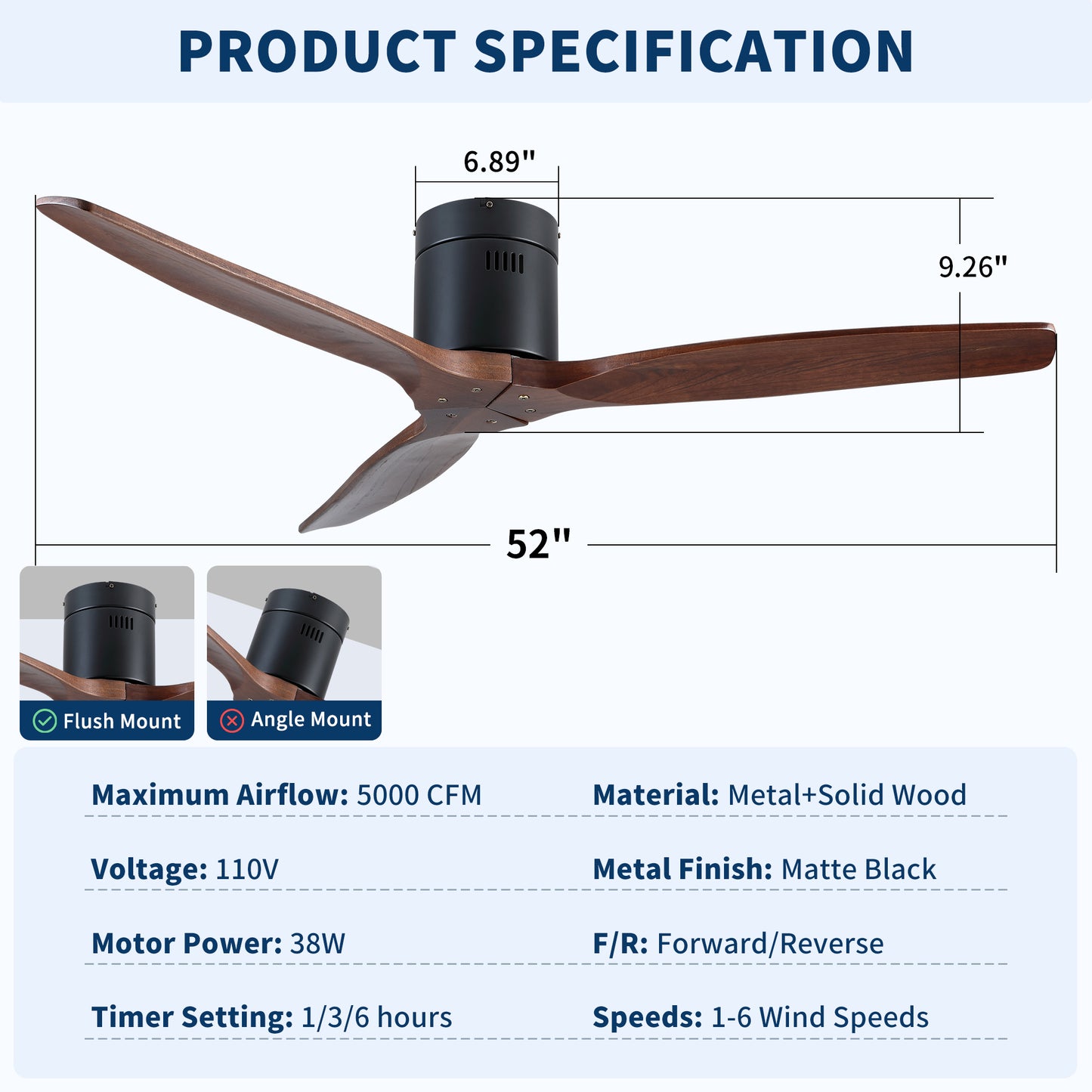 52 inch Indoor Farmhouse Rustic Ceiling Fan Matte Black with 3 Solid Wood Blade Remote Control Reversible DC Motor image 7