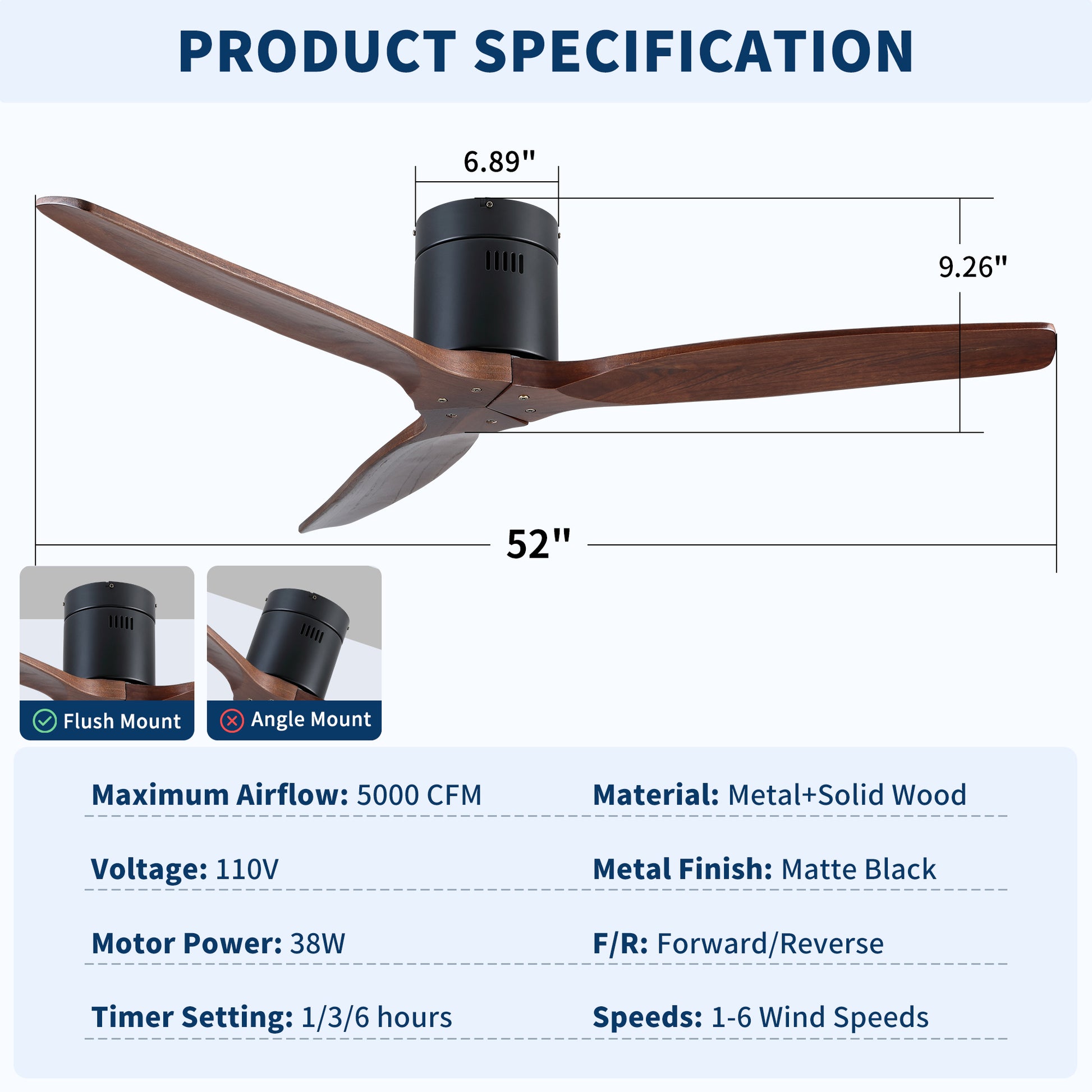 52 inch Indoor Farmhouse Rustic Ceiling Fan Matte Black with 3 Solid Wood Blade Remote Control Reversible DC Motor image 7