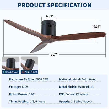 52 inch Indoor Farmhouse Rustic Ceiling Fan Matte Black with 3 Solid Wood Blade Remote Control Reversible DC Motor image 7