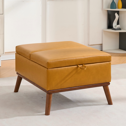Large Ottoman with Storage, 31" Mid Century Modern Rectangle Coffee Table with Lid Lifting Function, High Wooden Legs, Oversized Storage Ottomans for Living Room, Office, Orange image 1