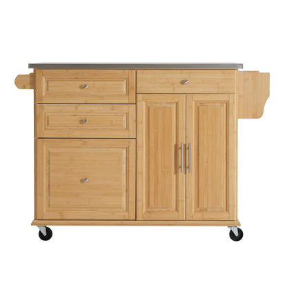 Indoor Bamboo Rolling Kitchen Island with Stainless Steel Top – Mobile Cart with Drawers, Cabinet & Towel Rack for Dining & Bar image 7