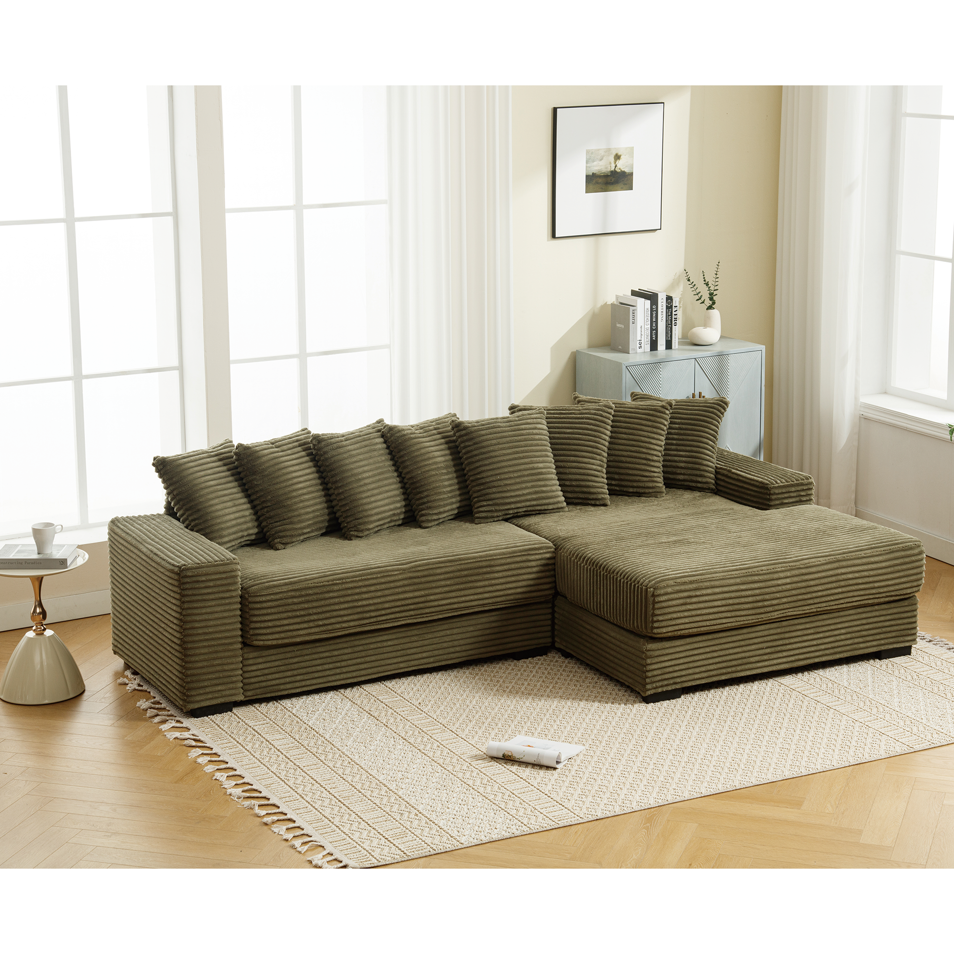 [NEW ARRIVED] [VIDEO PROVIDED] Oversized Two-Piece Couches, L Shaped Sofa, Corduroy, Right Chaise Daybed,with Armrests,Eight Throw Pillows,Corner Sofa,Easy To Assemble, Green image 6