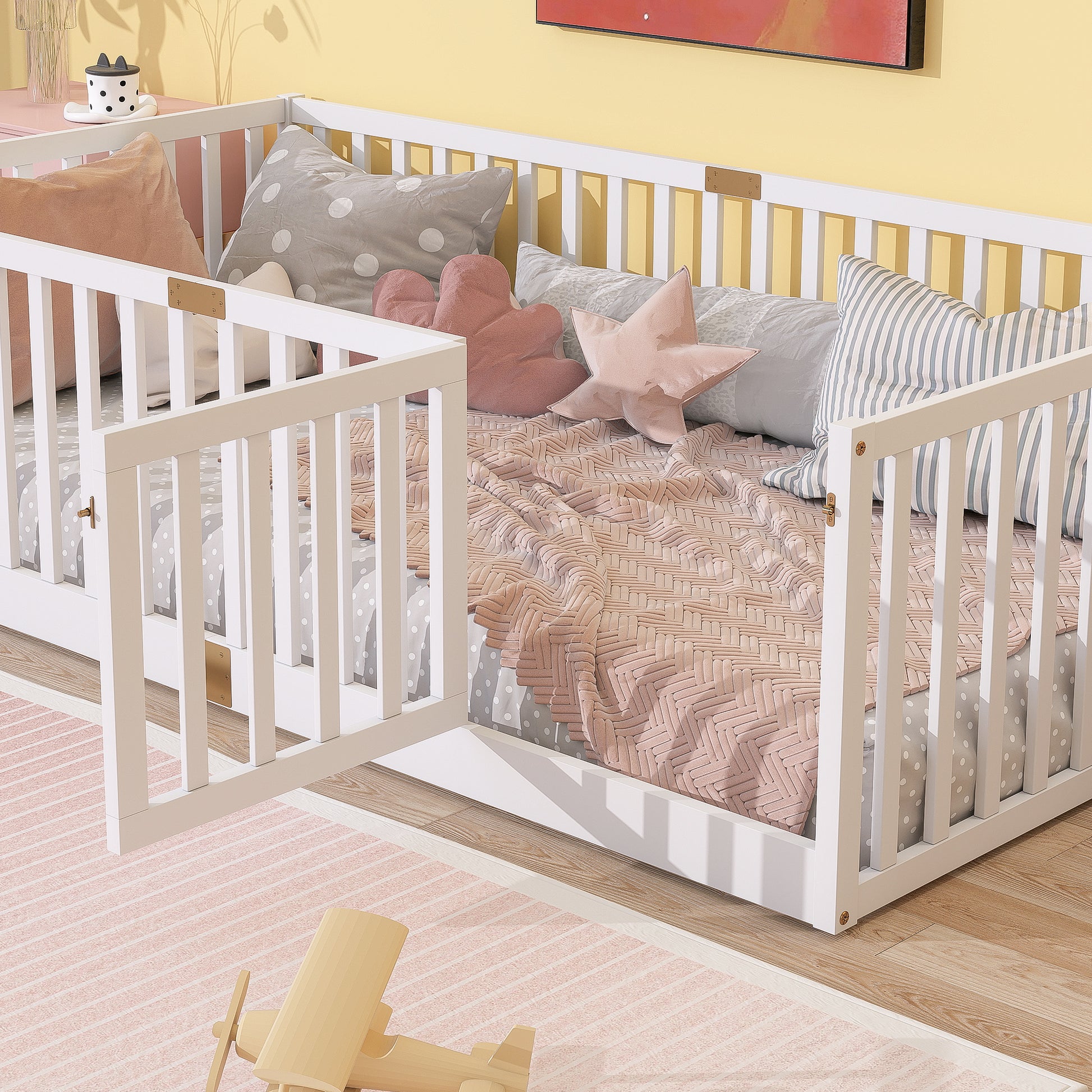 Twin Size Floor Bed with High Fence Railings, with Door, Rubber Wood Floor Bed with Safety Guardrails,White (Old Sku W504P287652) image 4