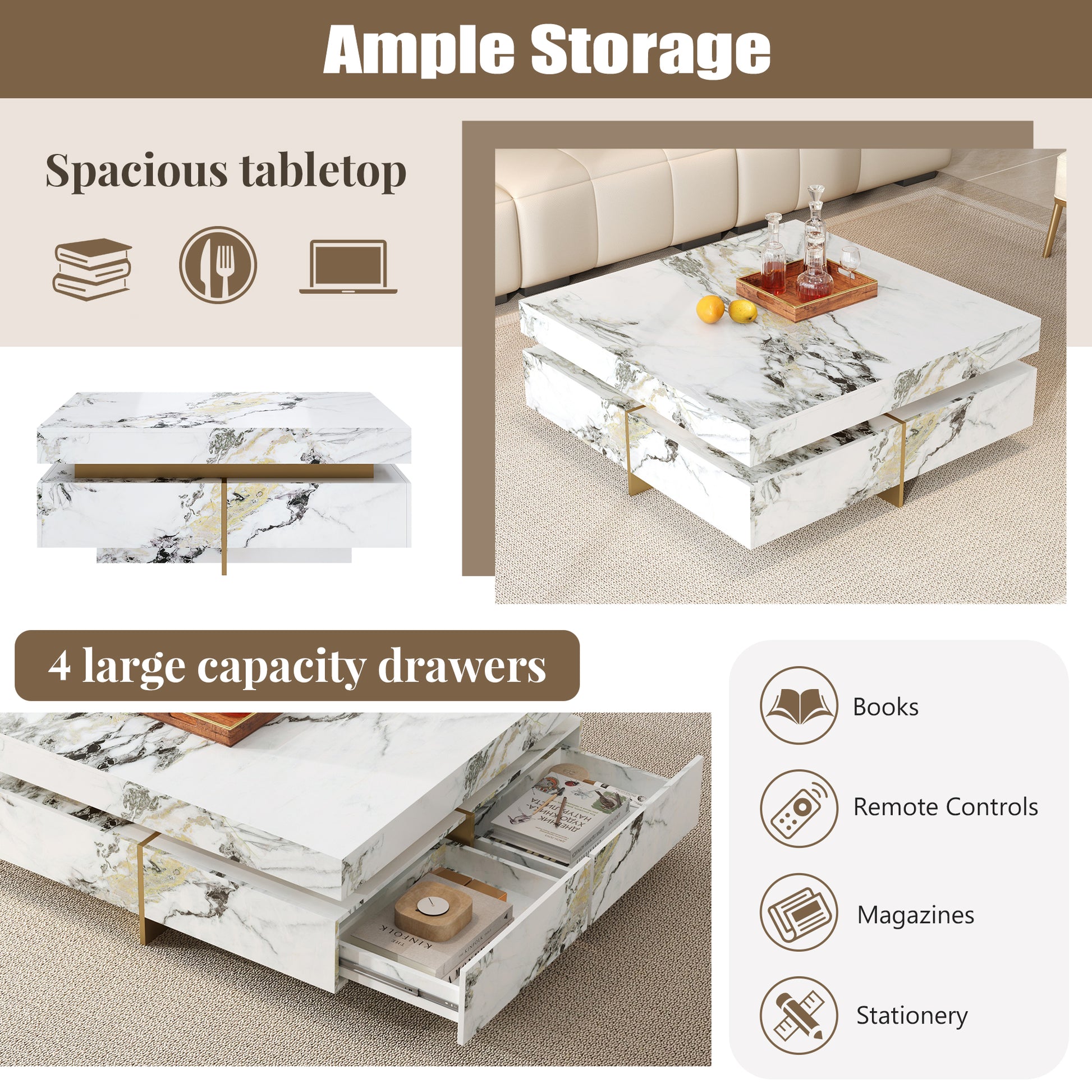 Modern Square Marble Textured Coffee table with 4 Drawers and Suspended Base, White, 43.3" image 5