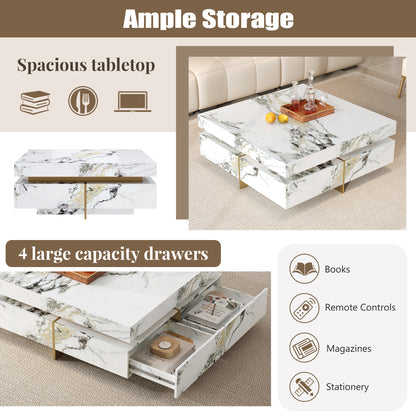 Modern Square Marble Textured Coffee table with 4 Drawers and Suspended Base, White, 43.3" image 5