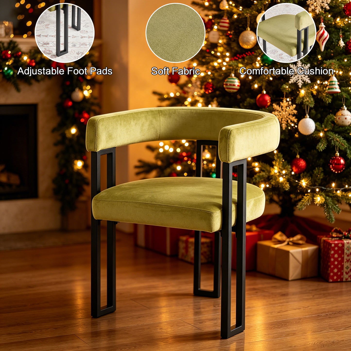Upholstered Dining Chairs, 25.2×21.3×28.7 Inch, Soft Fabric Cushioned Accent Armchairs, Set of 2, Modern Side Chairs for Dining Room or Living Room-Green Fabric Black Metal Frame image 5