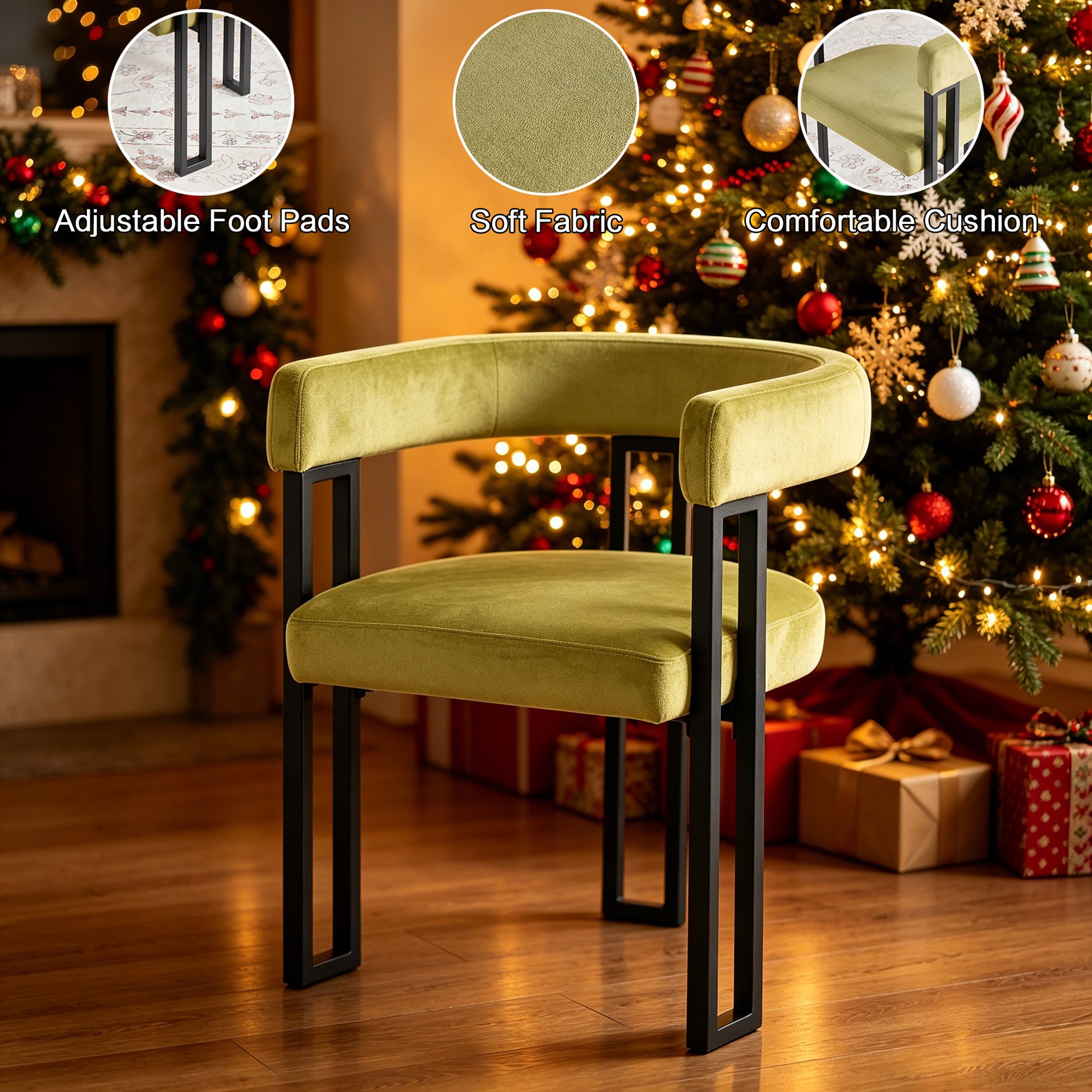 Upholstered Dining Chairs, 25.2×21.3×28.7 Inch, Soft Fabric Cushioned Accent Armchairs, Set of 2, Modern Side Chairs for Dining Room or Living Room-Green Fabric Black Metal Frame image 5