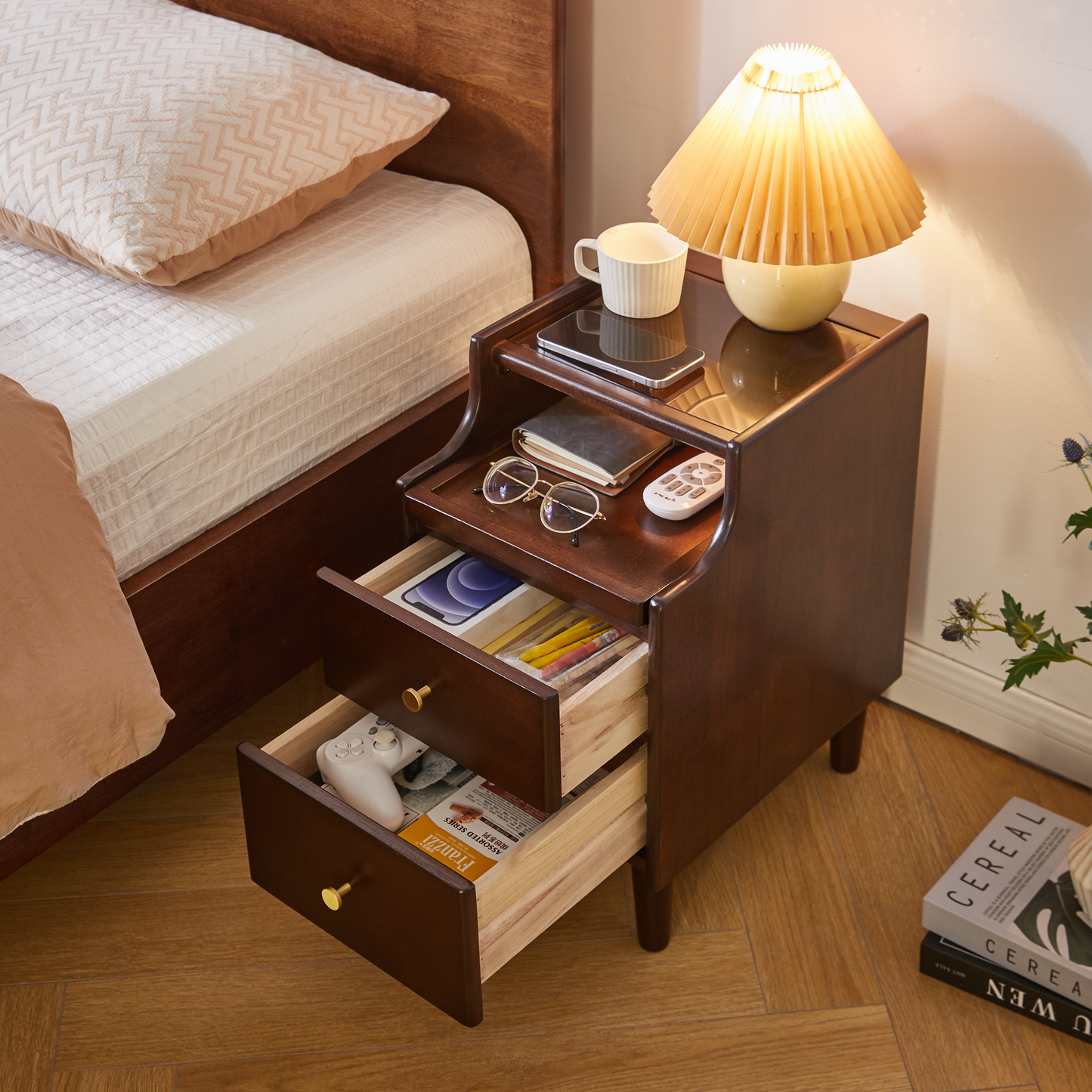 Solid Wood Nightstand with Two Drawers and Pull-out Panel Storage Bedside Table and Sofa Side Table image 5