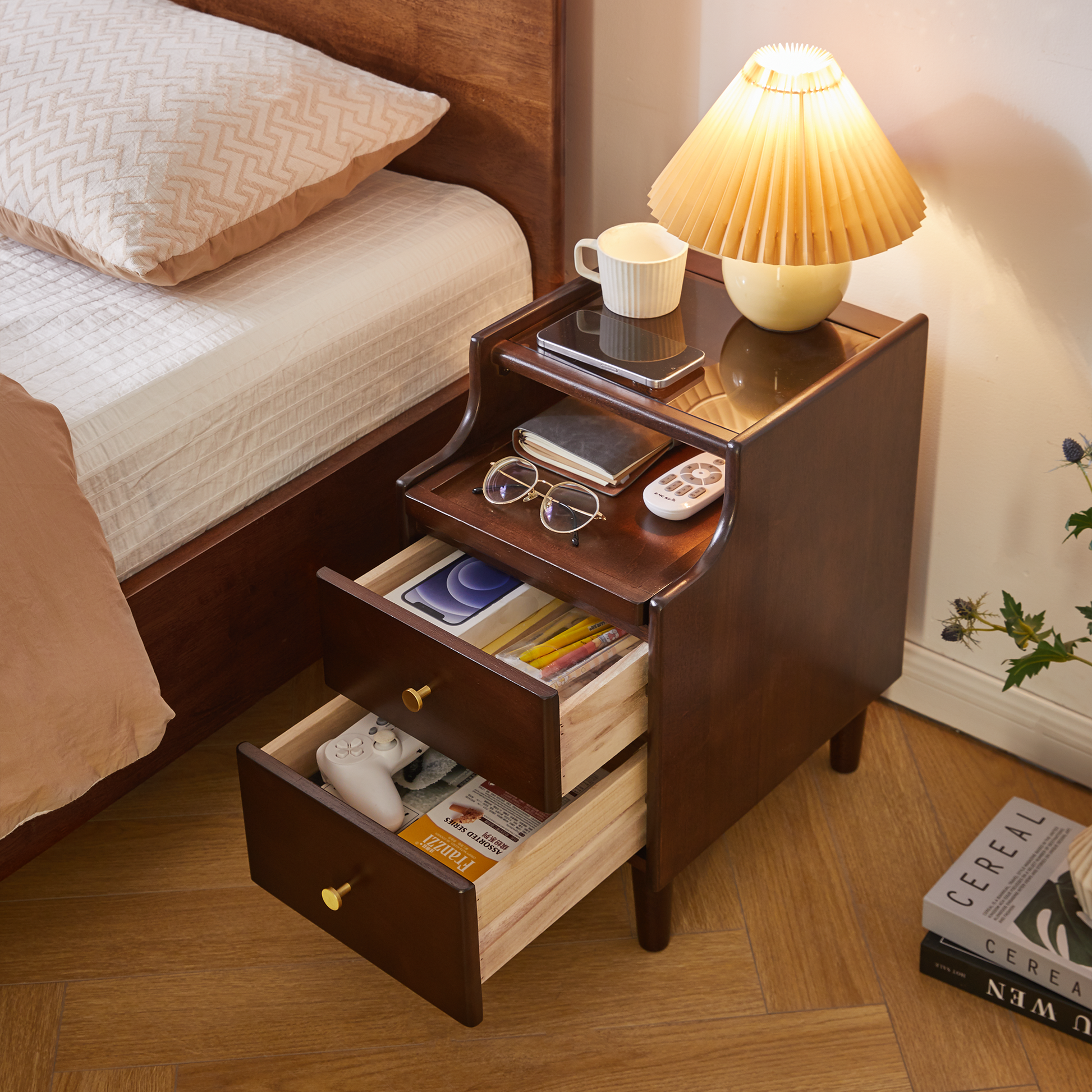 Solid Wood Nightstand with Two Drawers and Pull-out Panel Storage Bedside Table and Sofa Side Table image 5