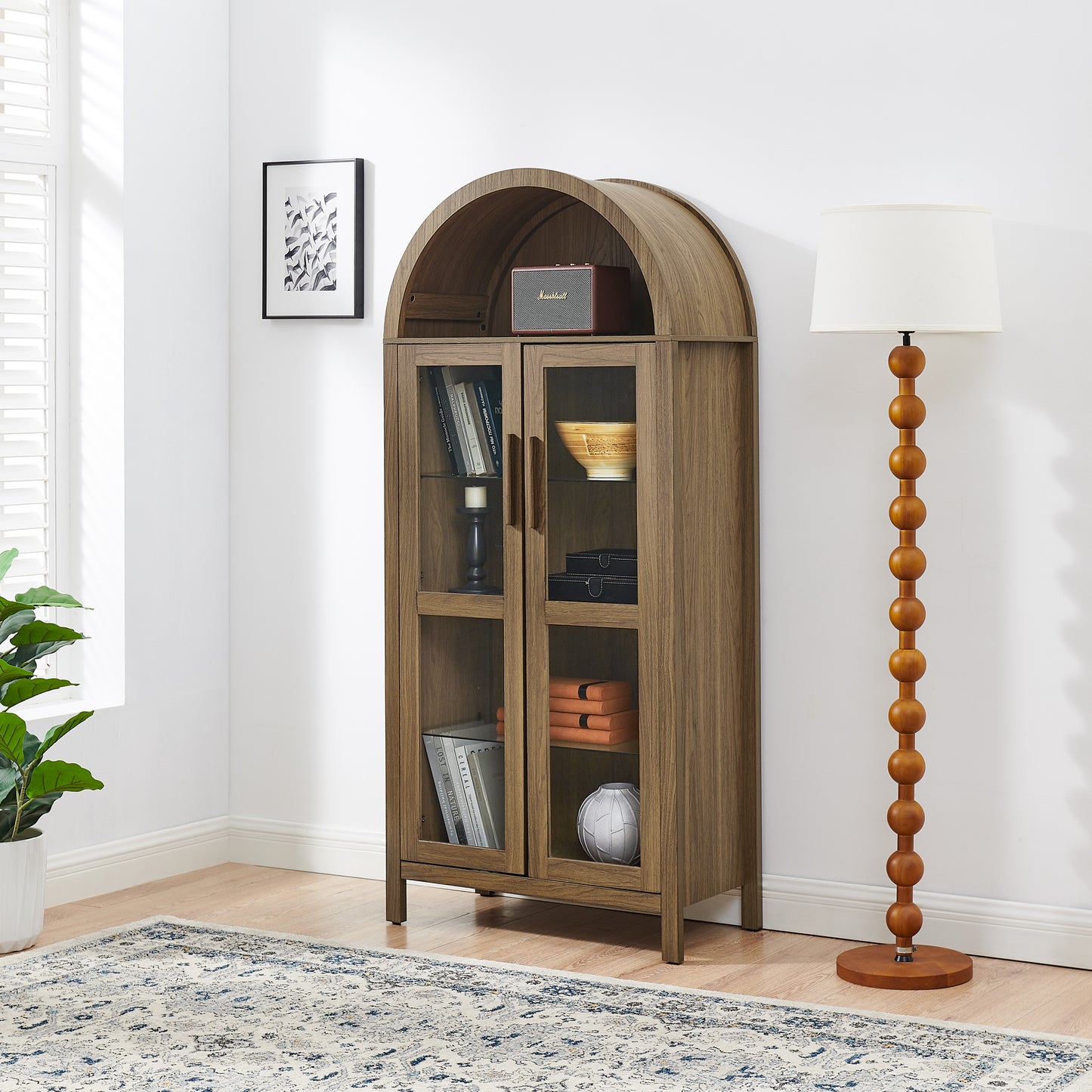 A high arched storage cabinet with a lamp, a modern retro-style wooden storage cabinet with adjustable glass partitions, suitable for use as a multi-functional cabinet in kitchens-Brown image 3