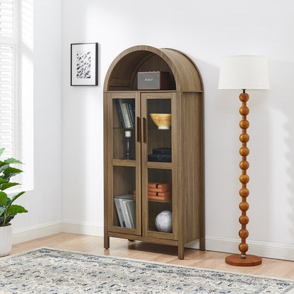 A high arched storage cabinet with a lamp, a modern retro-style wooden storage cabinet with adjustable glass partitions, suitable for use as a multi-functional cabinet in kitchens-Brown image 3