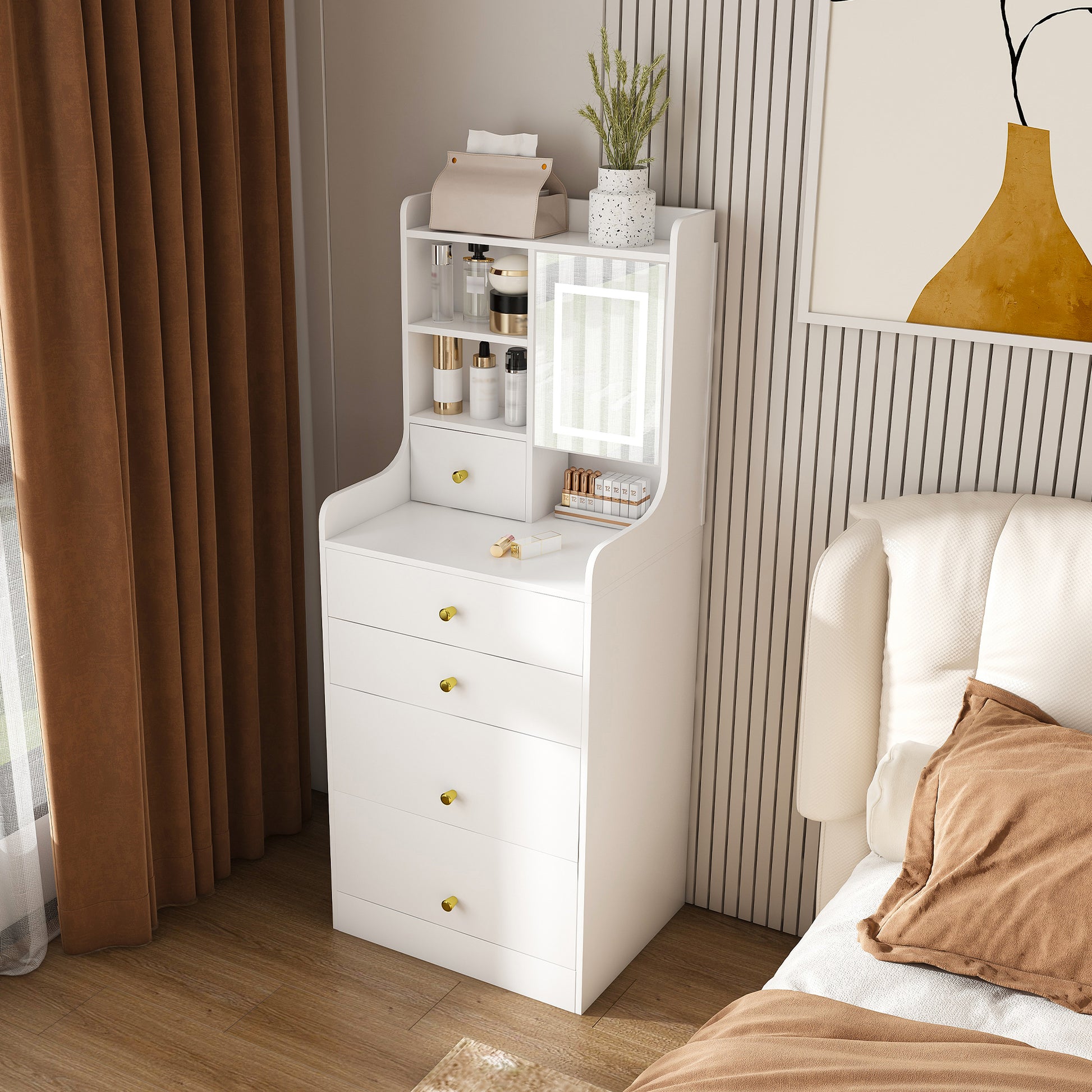 3-in-1 Dressing Table with LED Mirror & Storage Stool - Compact Makeup Vanity with 4 Drawers, Storage Cabinet & Hidden Stool, White Density Board Design, Open Bookshelf for Bedroom Organization image 7