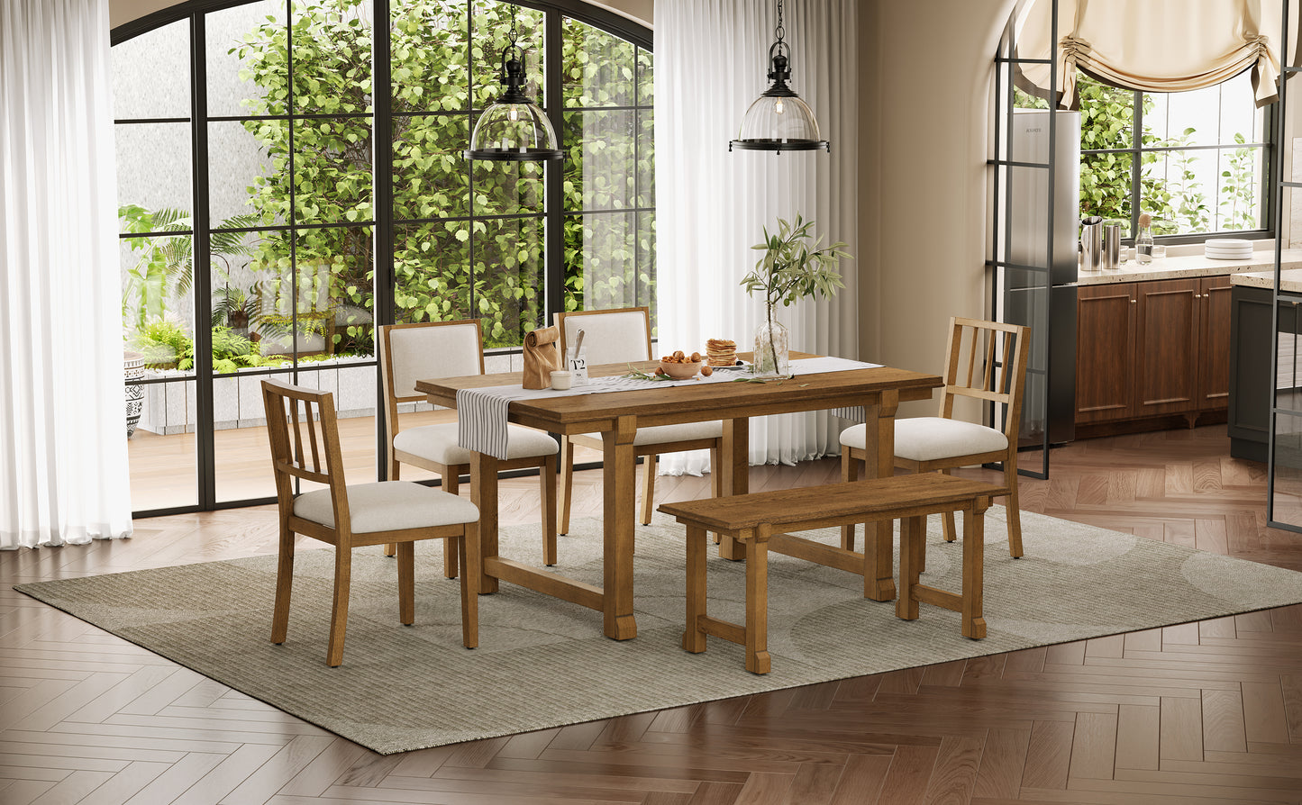 TREXM 6-Piece Farmhouse Dining Set for 6, Kitchen & Dining Room Sets with Solid Wood Legs and Frame, Ergonomic Dual-Style Chairs, Ideal for Kitchen & Dining Room (Walnut+ Beige) image 3