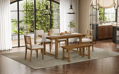 TREXM 6-Piece Farmhouse Dining Set for 6, Kitchen & Dining Room Sets with Solid Wood Legs and Frame, Ergonomic Dual-Style Chairs, Ideal for Kitchen & Dining Room (Walnut+ Beige) image 3