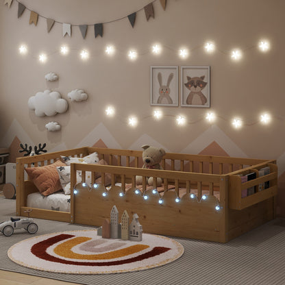 Twin Montessori Floor Bed Frame with High Rails, Wood Kids Floor Beds with Light and Storage Shelf, Natural (Expect Arrival Date 2025/8/15) image 2