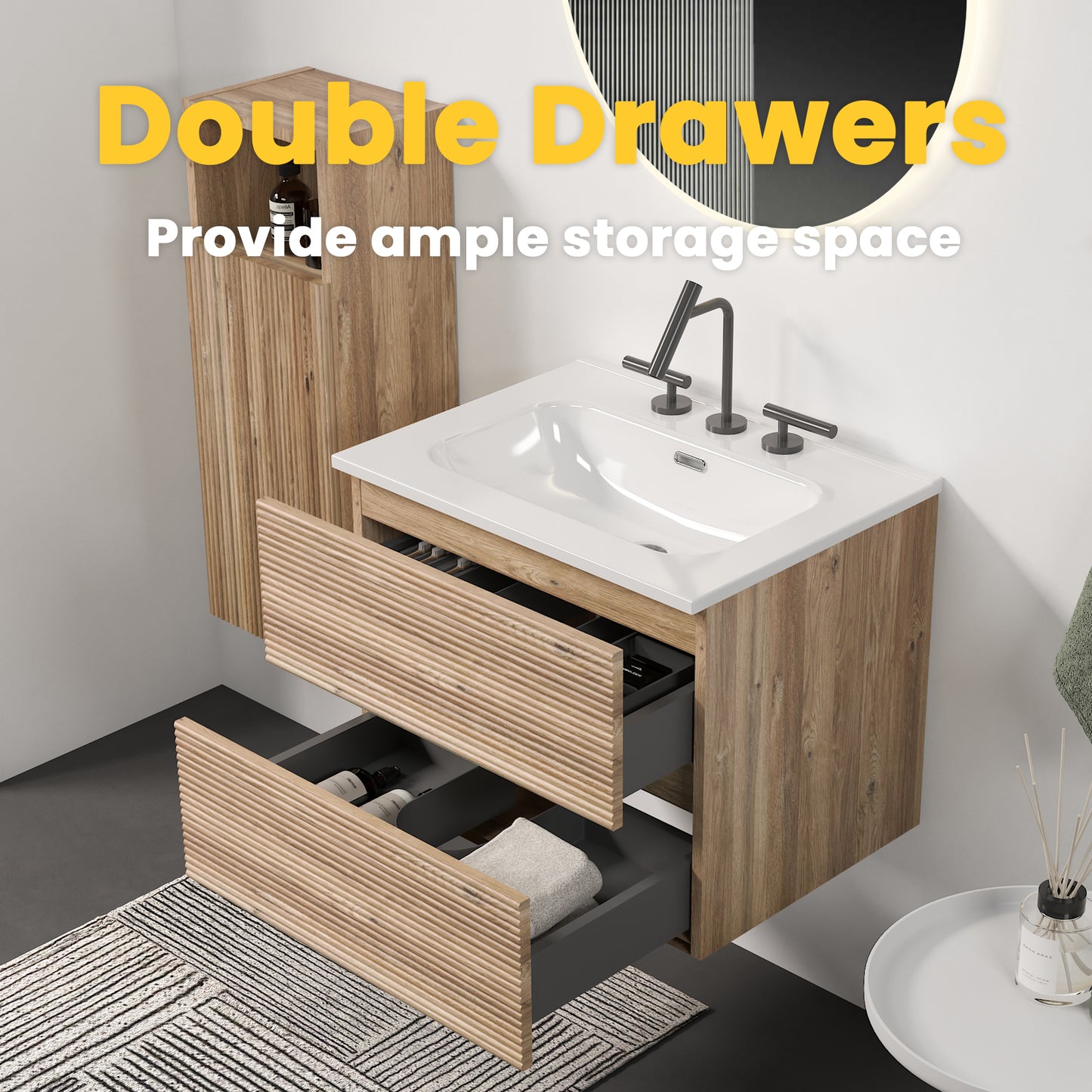 Gloria 24" Wall Mounted Rough Oak&Rough Oak Bathroom Vanity with Integrated Ceramic Sink with 3 holes, Overflow, Large Storage Floating Bathroom Vanity for Modern Bathroom, KD image 5