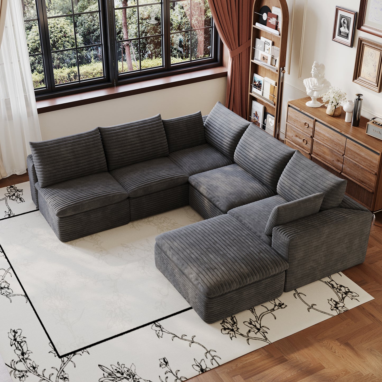 99*103" Cloud Sofa,Corduroy Fabric,Deep Seat Couches,Double-layer design,Removable Cushion,No Assembly, DIY Combination for Living room, Bedroom,Conference room,Apartment,Dark Grey image 5