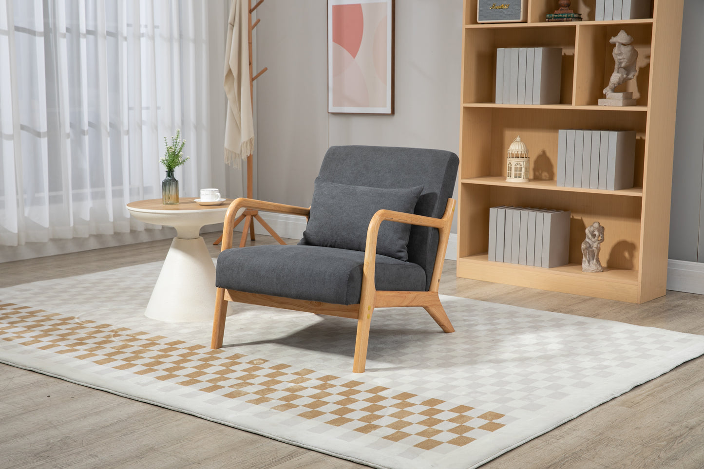 Mid Century Modern Accent Chair with Wood Frame, Upholstered Living Room Chairs with Waist Cushion, Reading Armchair for Bedroom Sunroom image 2