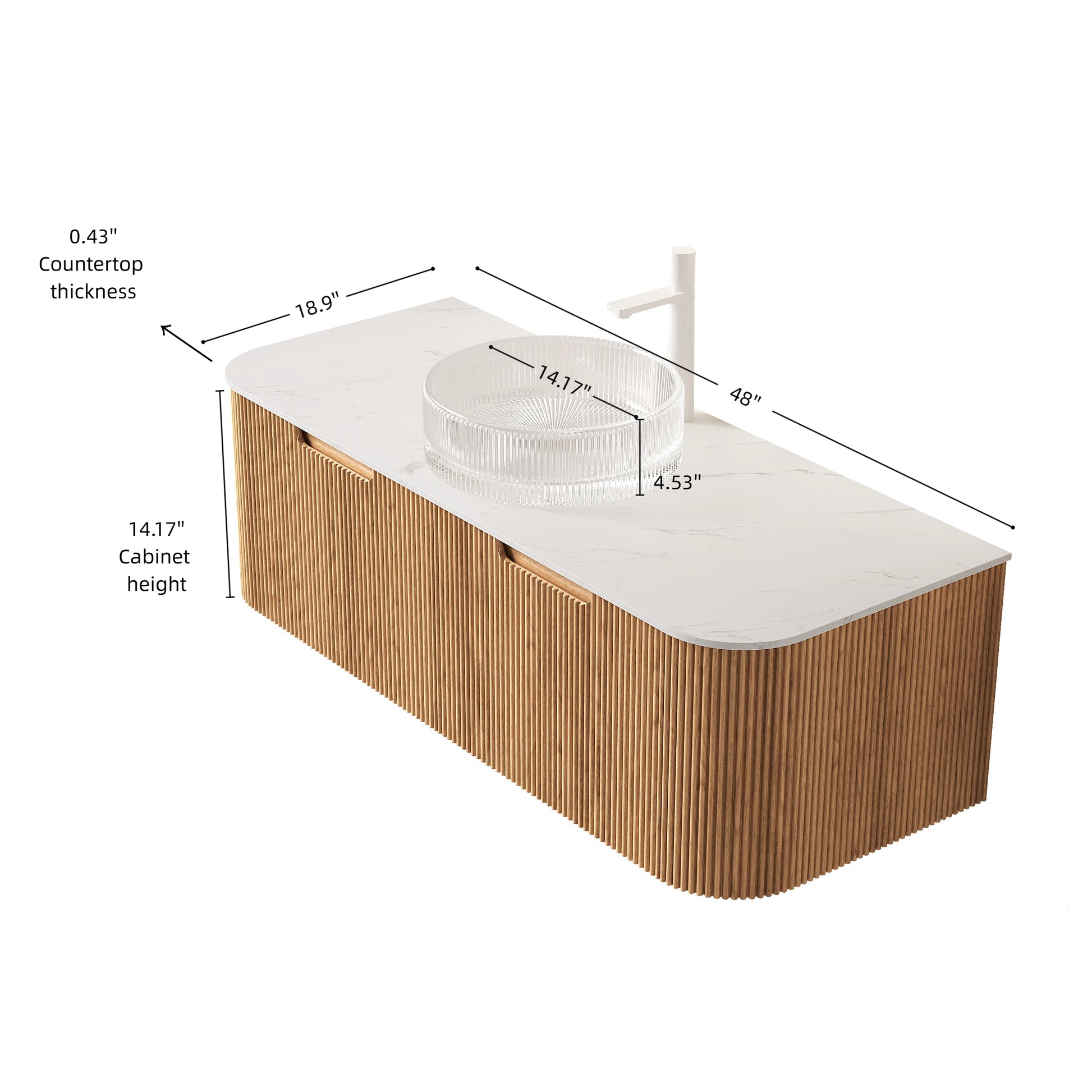 DINA 48" Bathroom Vanity&Sink, Floating Curved Edges Striped Storage Cabinet with 2 Drawers, Transparent Round Glass Basin&Carrara White Sintered Stone Top, Pre-assembled, Natural Woodgrain Color image 5
