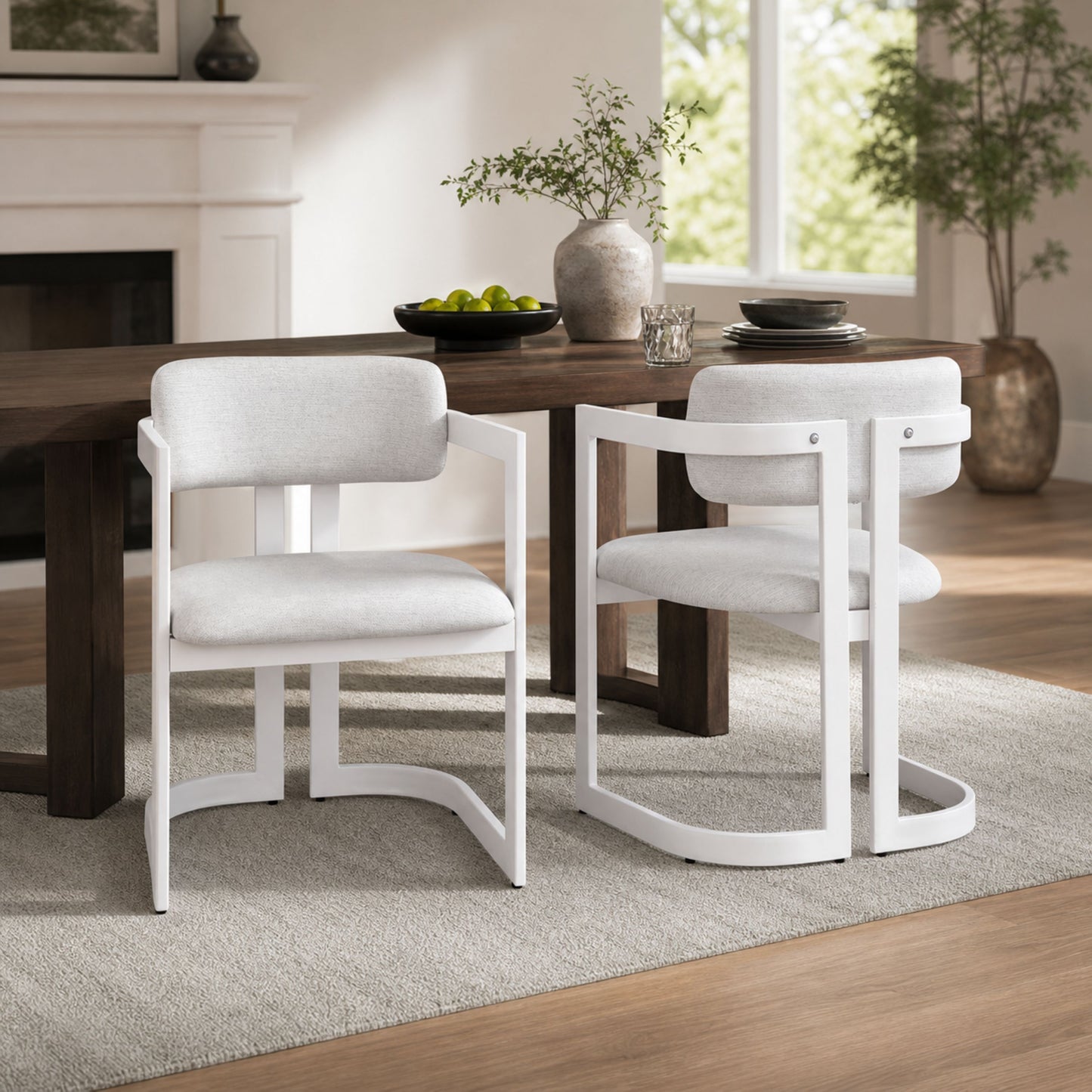 Upholstered Dining Chairs Set of 2, Fabric Armchairs with Beige Seating White Metal Frame, 265 LBS Weight Capacity image 2