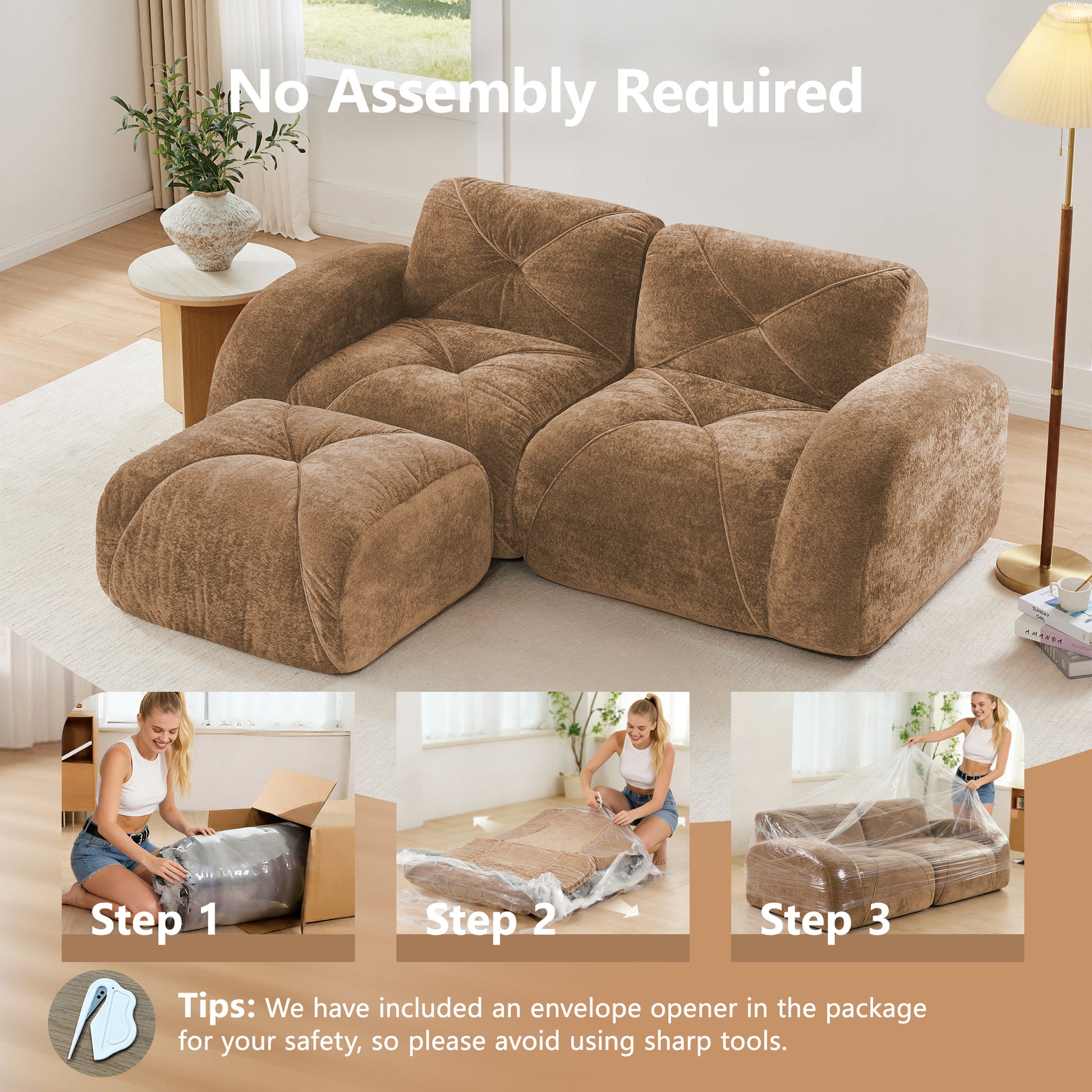 L-Shaped Boneless Sofa,Soft Velvet Fabric,Tufted Design,32D High Density Sponge,No Assembly Required,Ergonomic Design Bottom, Anti-Slip Design,Movable Ottoman for Bedrooms,Camel image 5
