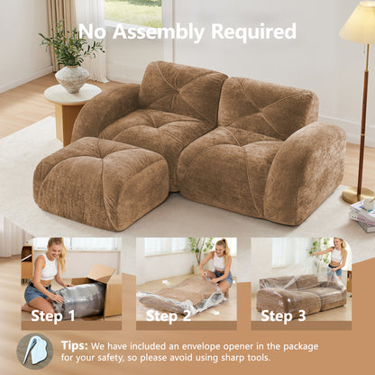 L-Shaped Boneless Sofa,Soft Velvet Fabric,Tufted Design,32D High Density Sponge,No Assembly Required,Ergonomic Design Bottom, Anti-Slip Design,Movable Ottoman for Bedrooms,Camel image 5