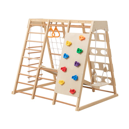 9-in-1 Slide and Climbing Wall for Toddlers 3+, Wooden Indoor Play Structure, Heavy Duty 176 lbs Capacity, Safe Rounded Edge Natural Wood, Balance & Strength Toy Gift image 8