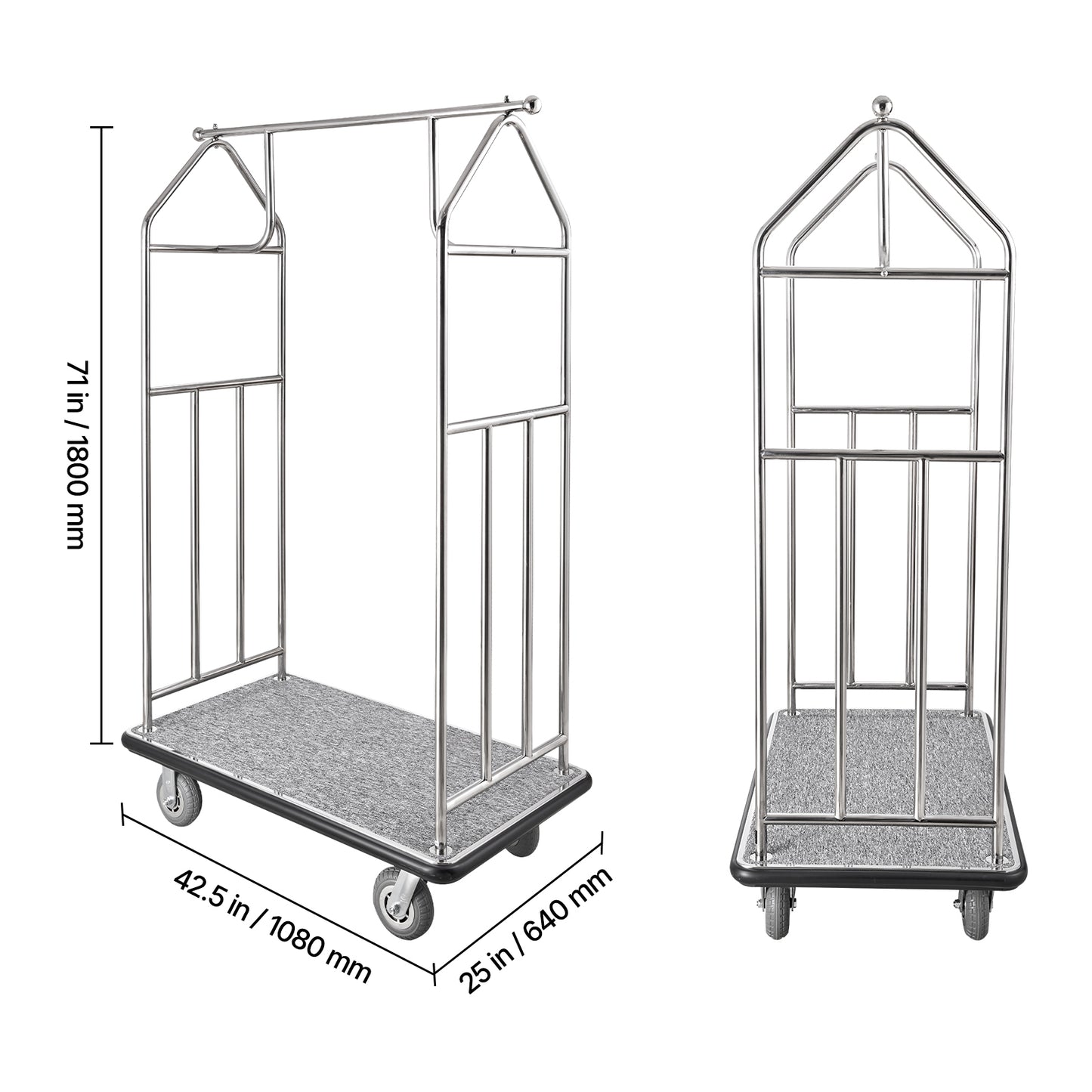 Hotel Luggage Cart 800 LBS Brushed Stainless Steel Finish Bellman's Cart - Side Rails