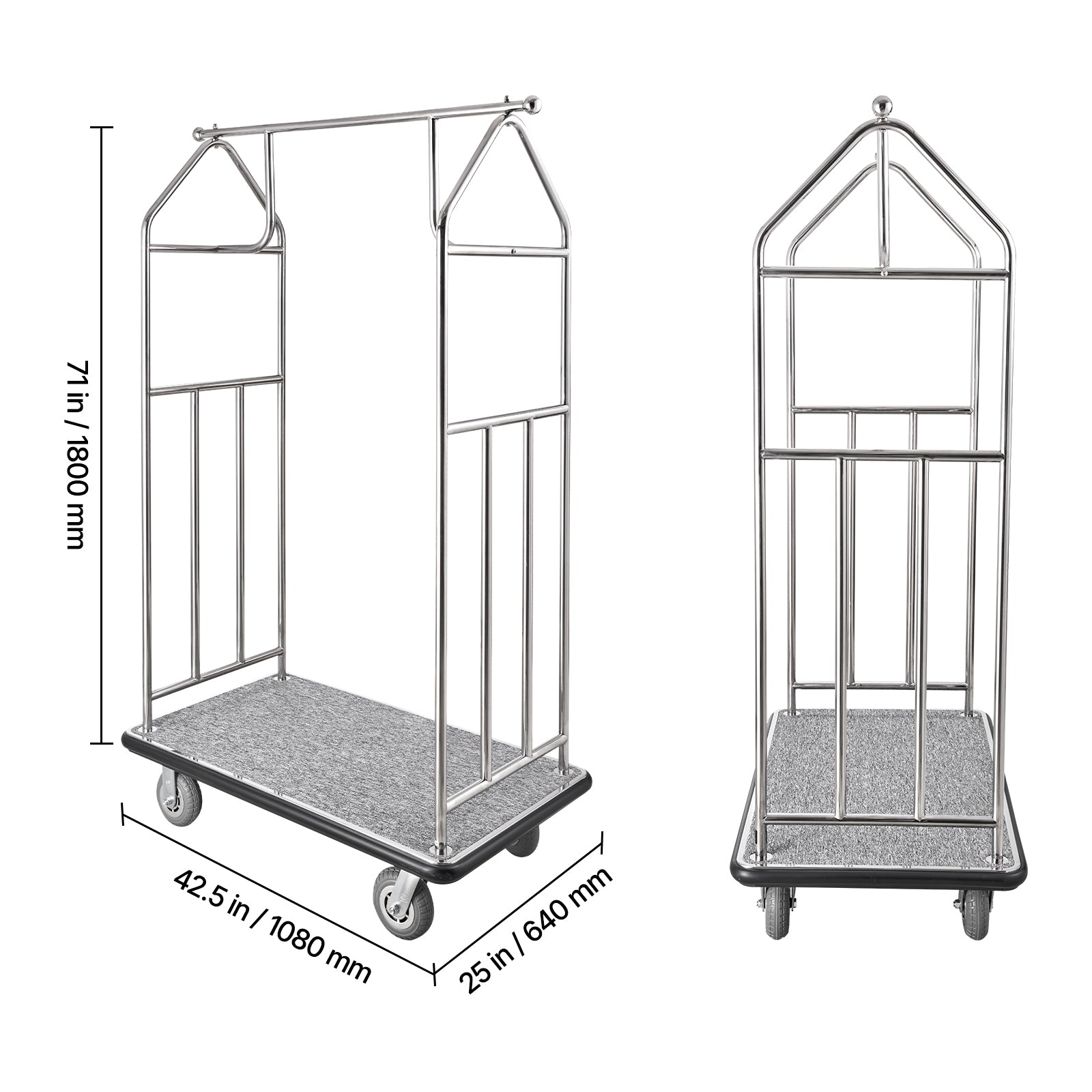 Hotel Luggage Cart 800 LBS Brushed Stainless Steel Finish Bellman's Cart - Side Rails