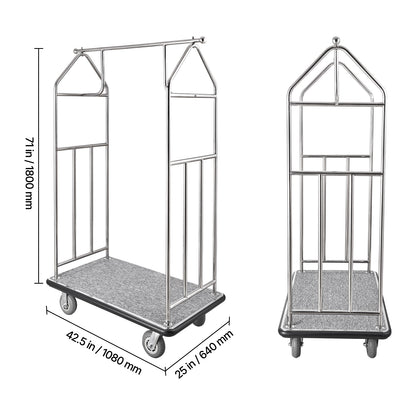 Hotel Luggage Cart 800 LBS Brushed Stainless Steel Finish Bellman's Cart - Side Rails
