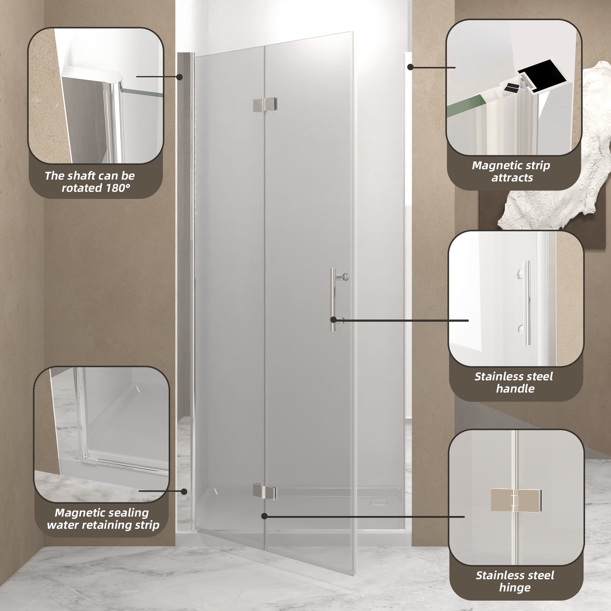 31-30"x 72" Bifold Shower Door, 1/4"(6mm) Tempered Glass, Chrome Aluminum Frame, Explosion Proof Film image 5