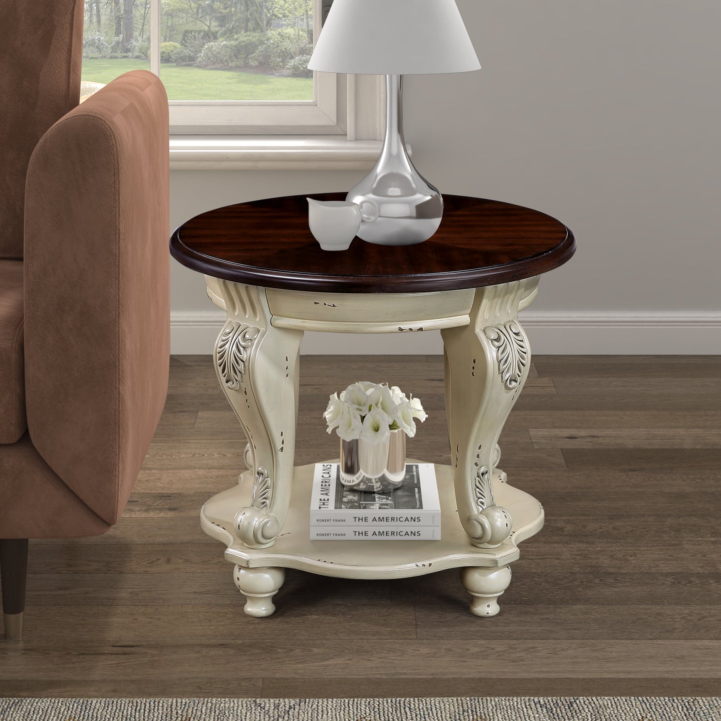 22'' Two Tone Round End Table,Solid Wood Sofa Side Table with Shelf,Living Room Corner Table Easy Assemble,Beige and Espresso Top image 4