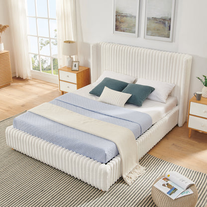 Queen Functional Vertical Striped Bed with Gas Lift Storage, Luxury Fluffy Rabbit Fur Fabric Up-holstered Double Bed image 2