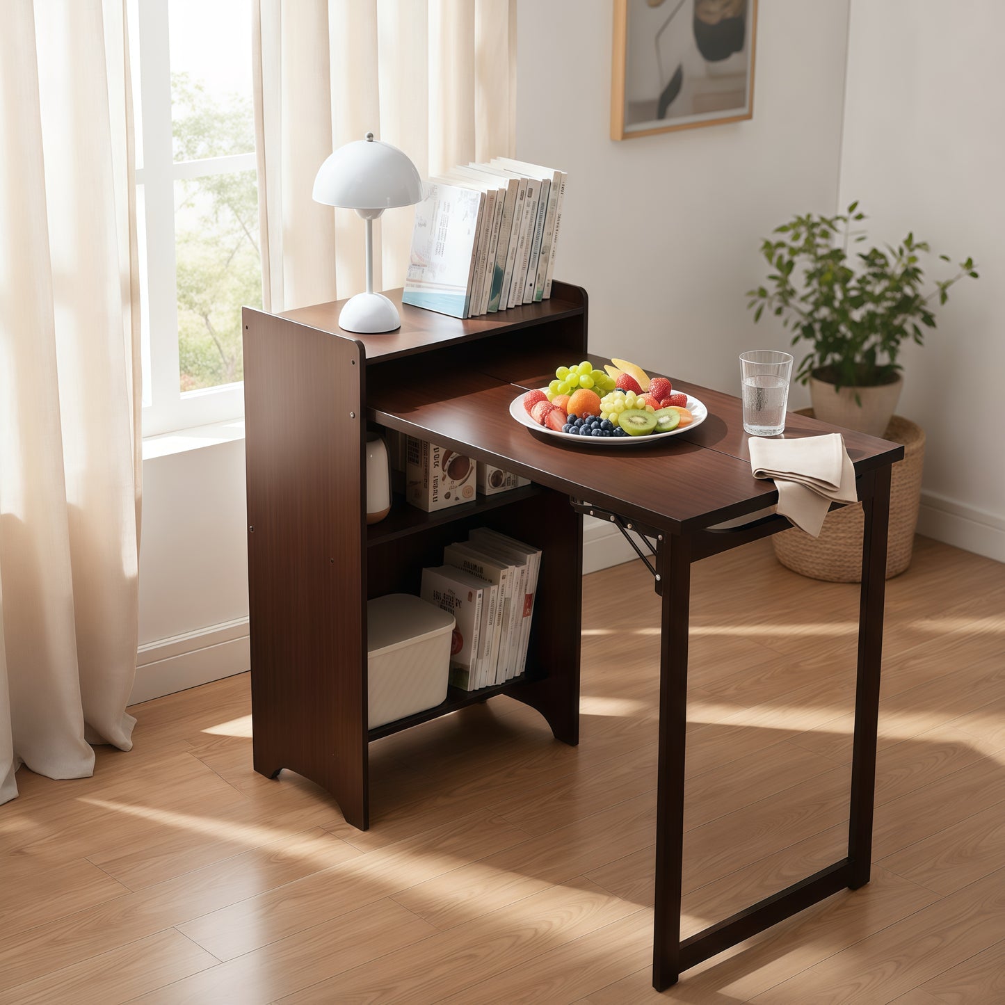 Bamboo Folding Desk, Foldable Desk for Small Space, Computer Desk with Hidden Storage, Mid Century Foldable Table for Home Office and Bedroom (Walnut Brown) image 1