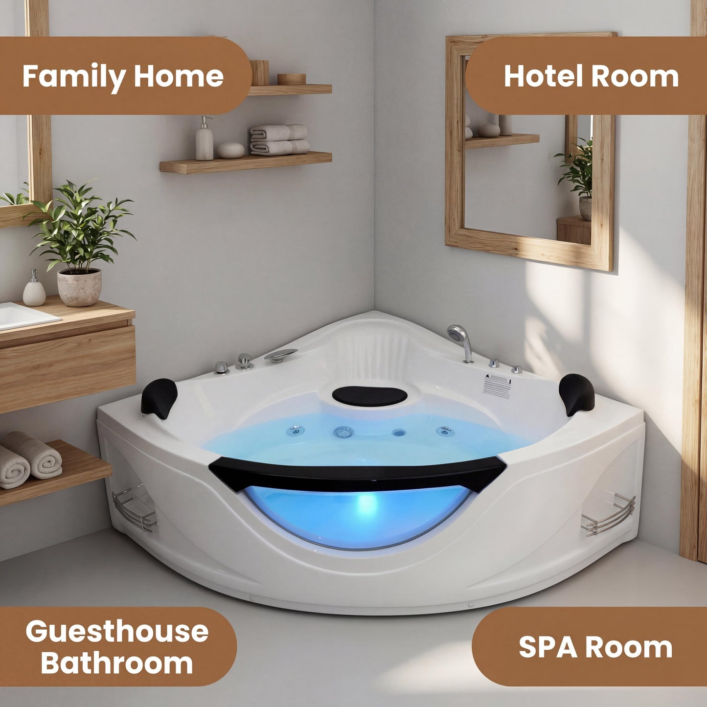 59" Corner Whirlpool Bathtub for 2-Person, Luxury Jetted Spa Tub with 6 Hydro Massage Jets, Chromatherapy LED Lights &Pneumatic adjust system, UL Certified water pump,UPC Certified drainer image 4