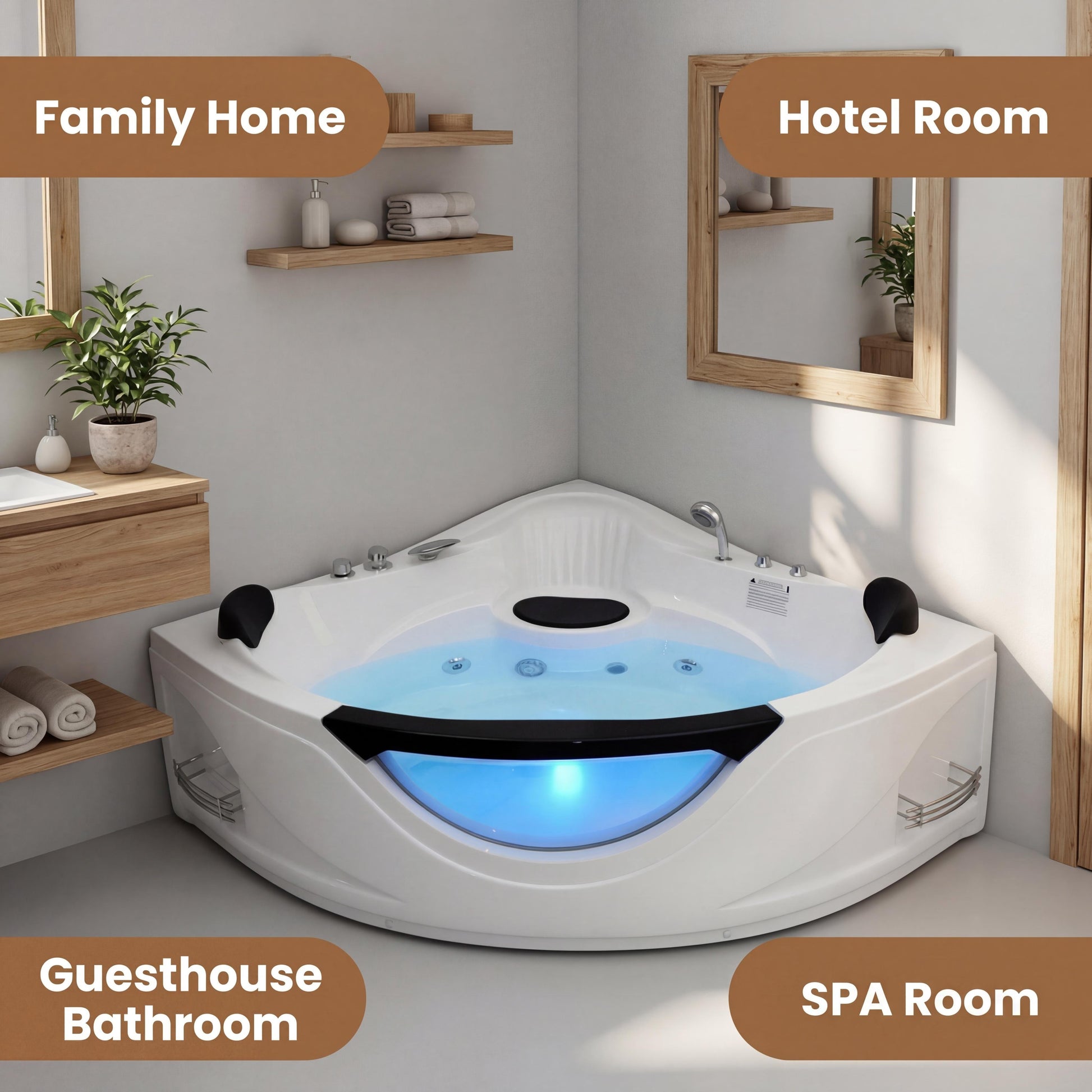 59" Corner Whirlpool Bathtub for 2-Person, Luxury Jetted Spa Tub with 6 Hydro Massage Jets, Chromatherapy LED Lights &Pneumatic adjust system, UL Certified water pump,UPC Certified drainer image 4